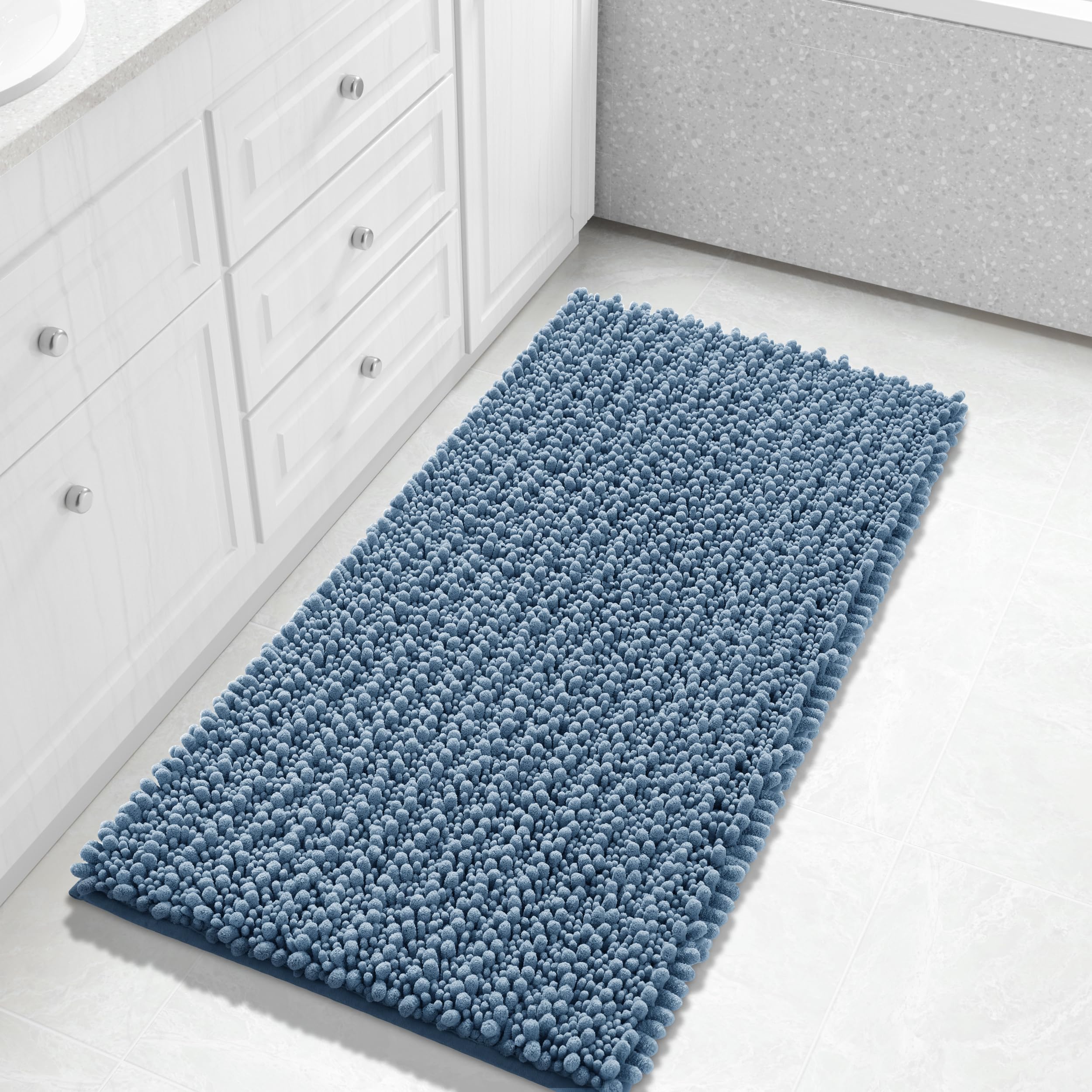 Yimobra Long Bathroom Rugs Non Slip Washable 44x24 Inch - Ultra Soft Absorbent Bath Mat, Quick Dry Shaggy Floor Carpet for Tub Shower, Denim Blue Home