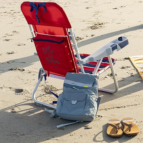 Miniatura 3 de Life is Good Silla de playa con mochila con cordones de 4 posiciones con almohada, taza y soporte para teléfono, rojo desteñido