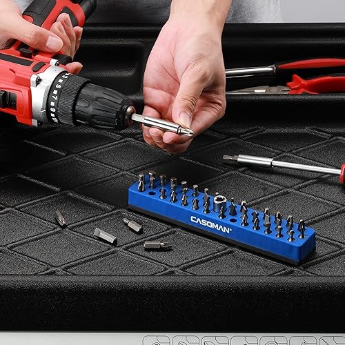 Miniatura 6 de CASOMAN Organizador de brocas hexagonales de 14 pulgadas con base magnética, rojo, verde y azul, organizador de brocas de 129 agujeros con base