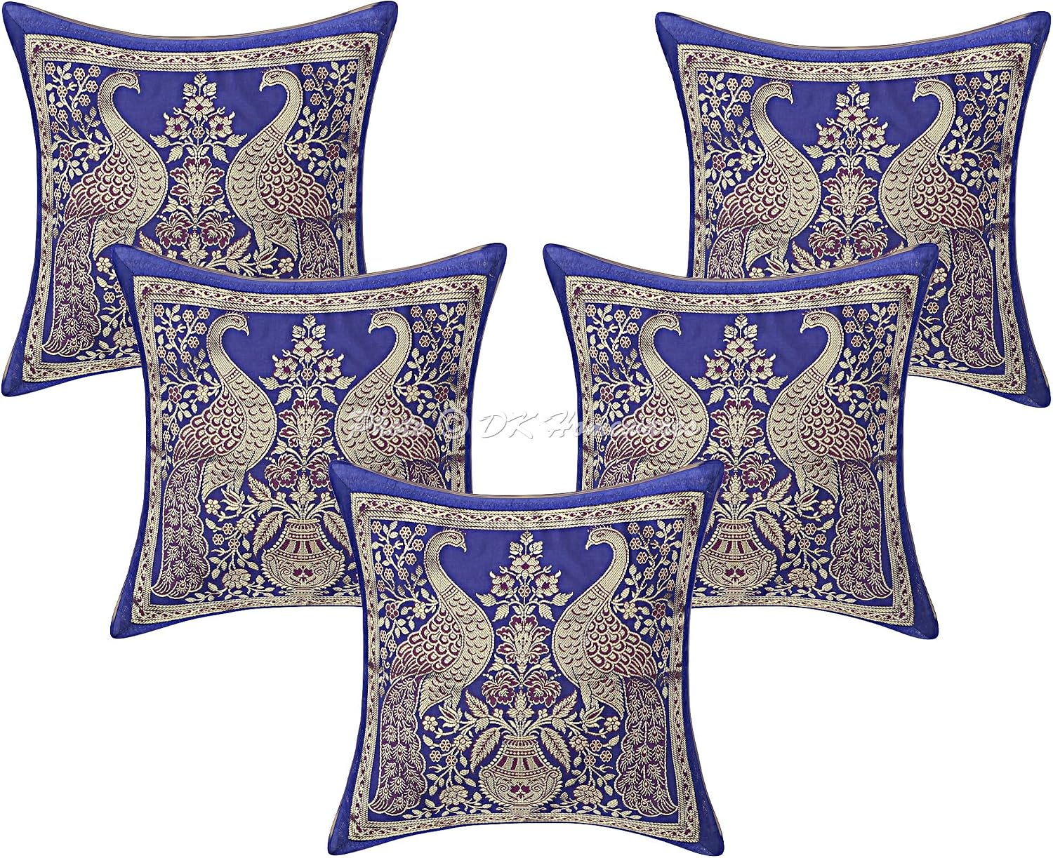 Indian Throw Pillow Covers 12x12 Inch Brocade Jacquard Weave Ethnic Square Peacock Cushion Covers (Size - 30x30 cm ; Color: Royal Blue & Gold) - Set of 5 Pcs (Cover Only)