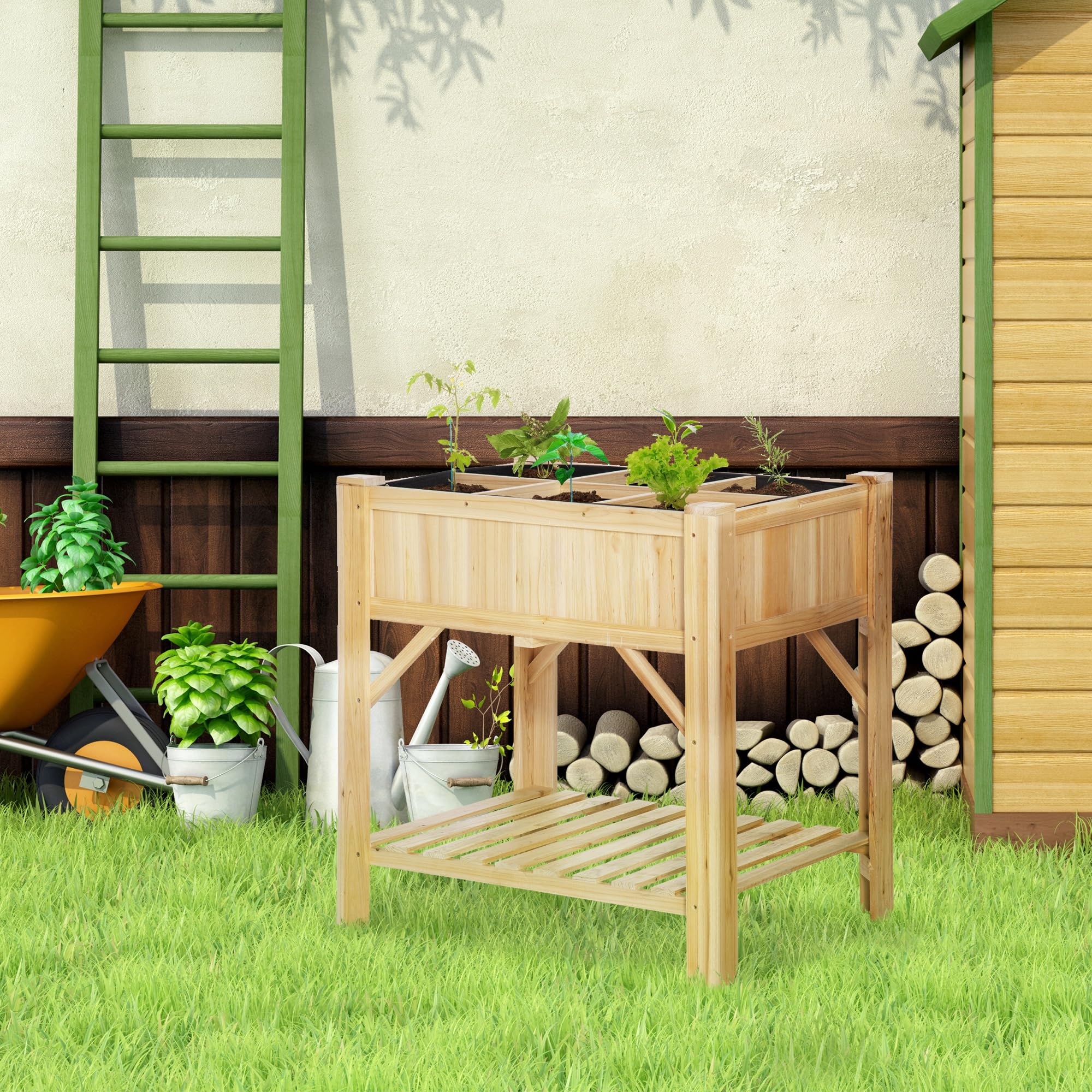 Outsunny Letto per Orto Rialzato con 6 Scomparti, Fioriera da Esterno Portapiante in Legno di Abete, 78.5x58x81cm