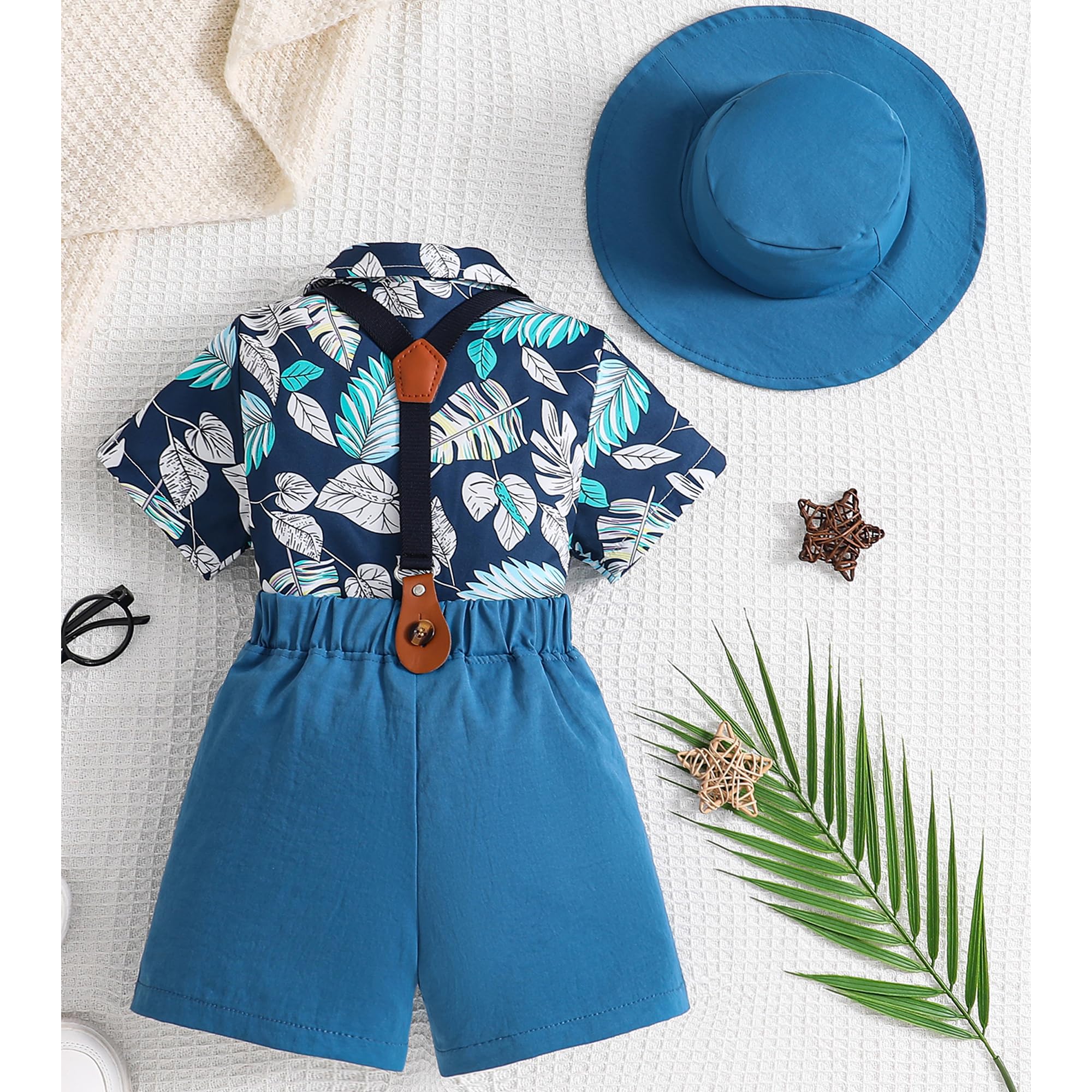 Toddler Baby Boy Outfits 2-3Y Boys Gentleman Suit Leaves Short Sleeve Shirts+Bowtie+Dark Blue Suspender Shorts+Hat Little Boy Clothing Sets