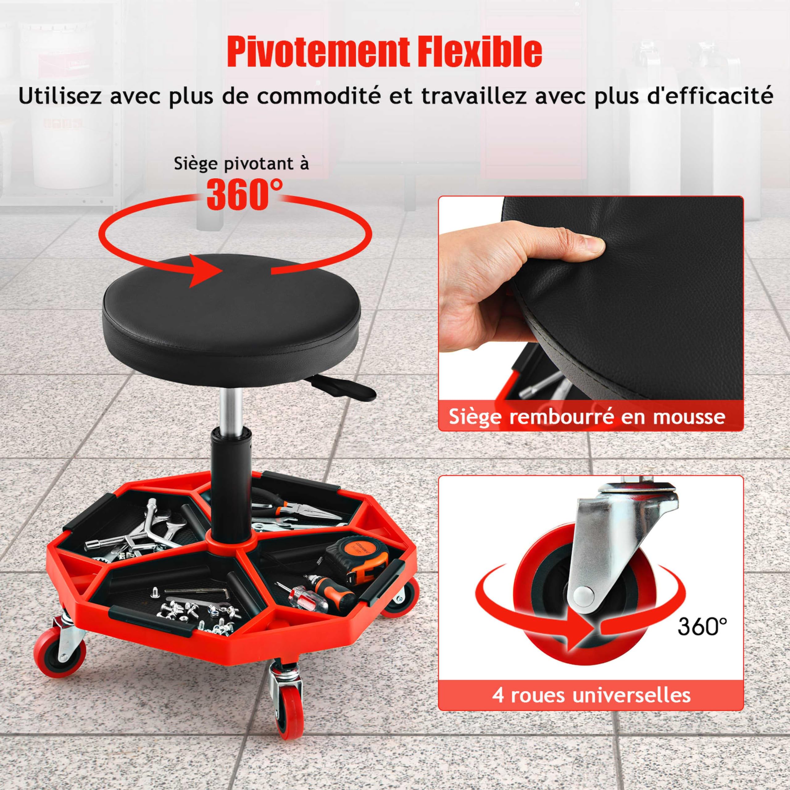 GYMAX Tabouret d'Atelier à roulettes, Charge Max 150KG, Tabouret à roulettes Réglable avec Rangement d'Outils, Siège Pivotant de Mécanicien pour Garage/Atelier, Noir et Rouge