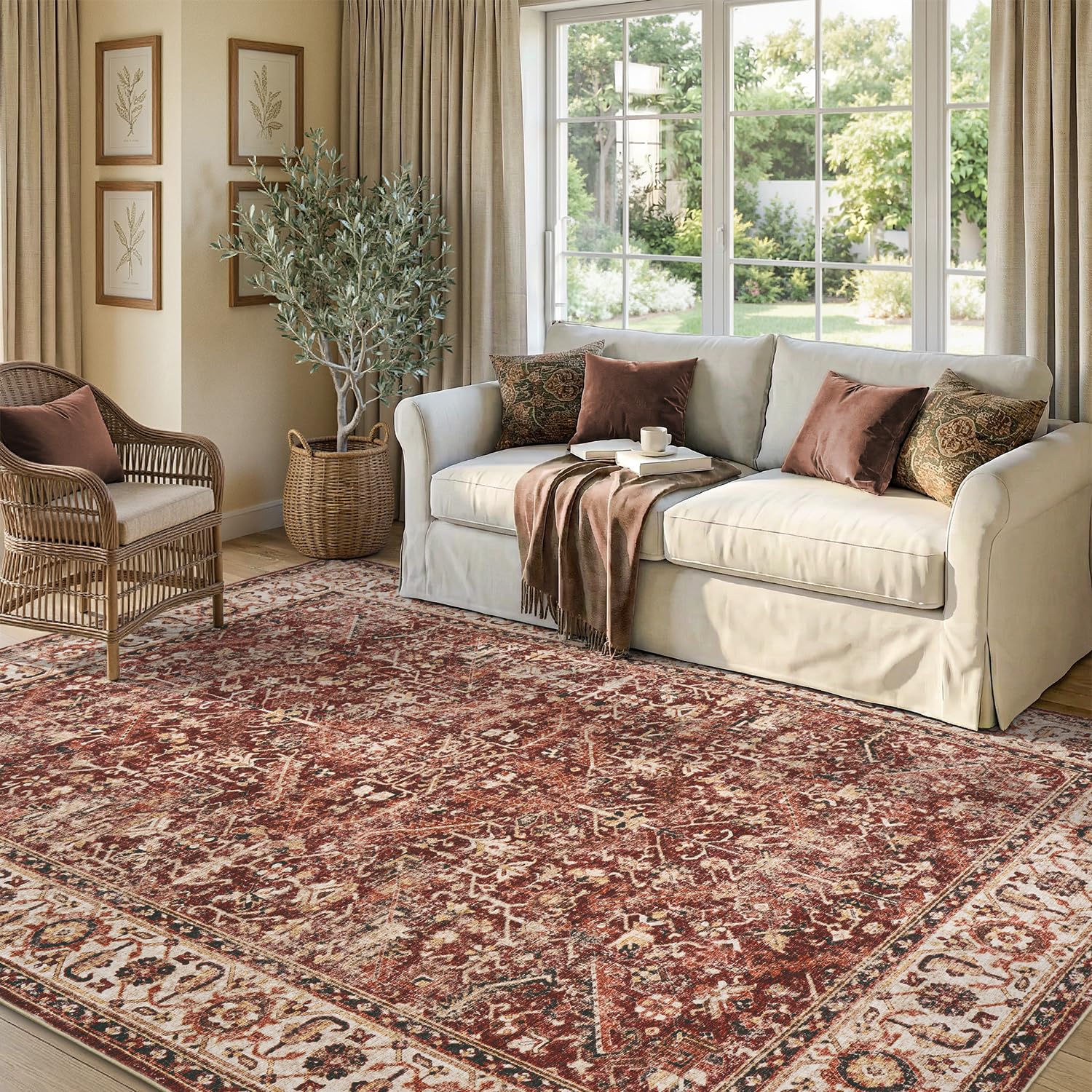 Retro Red Area Rug for Living Room 6x9 Large Carpet-Machine Washable Vintage Traditional Rugs for Bedroom Dining Room Office Non Slip Rug