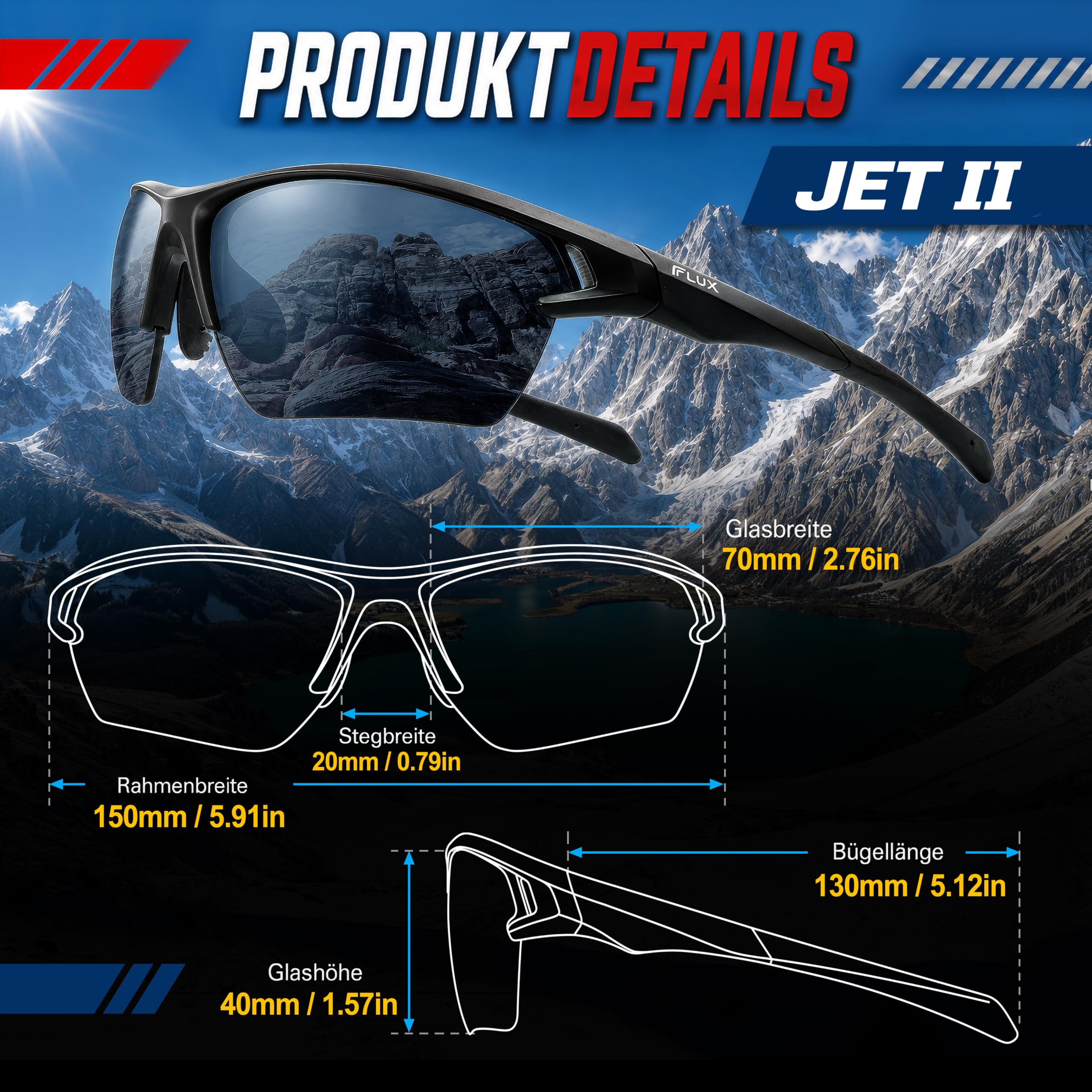 ICECUBE JET II Neo Sport-Sonnenbrille mit 100% UV-Schutz, super leicht, geeignet für Fahren, Angeln, Radfahren und andere Outdoor-Aktivitäten, verstellbares Nasenpolster