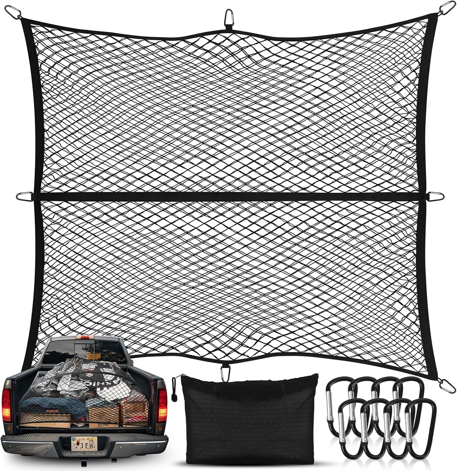 SHINEHOME Truck Bed Net Cargo Net for Pickup Bed Cargo Net Organizer with 8 Metal Carabiner for Ford F150 Tacoma Silverado Ram 1500 Tundra Truck Accessories - Doube Layer