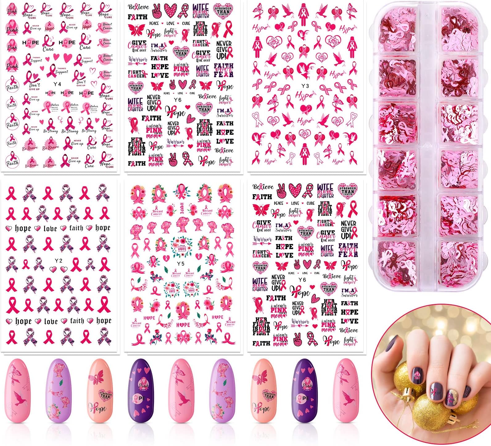 12 Sheets Breast Cancer Nail Stickers Pink Ribbon Nail Stickers with 12 Grids Glitter Breast Cancer Nail Decal Adhesive Nail Sticker with Holographic Nail Sequin for Women Girls DIY Manicure