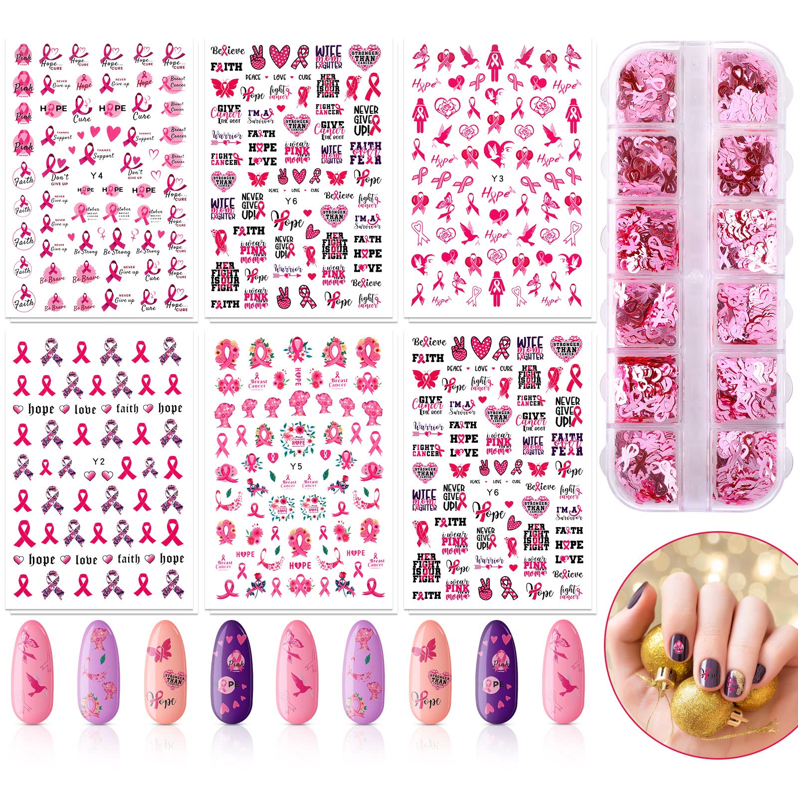 12 Sheets Breast Cancer Nail Stickers Pink Ribbon Nail Stickers with 12 Grids Glitter Breast Cancer Nail Decal Adhesive Nail Sticker with Holographic Nail Sequin for Women Girls DIY Manicure