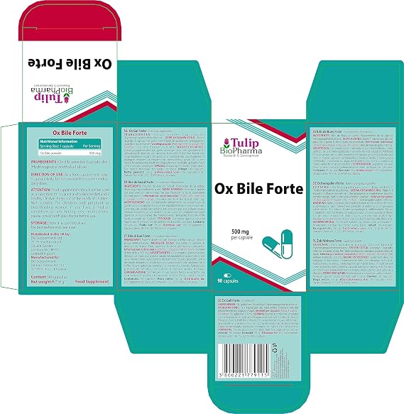 Tulip BioPharma Ox Bile Forte 500mg | 90 Capsules | 3-Month Supply | High Strength One-a-Day, No Fillers | 3rd Party Lab Tested