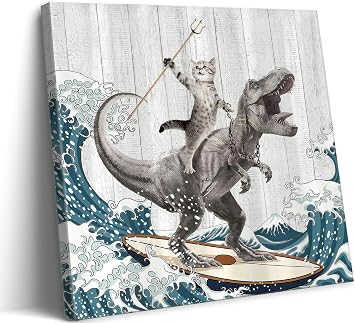 WWN Funny Cat Riding Dinosaur Bathroom Wall art Funny T-Rex Surfing Painting Picture Wall Decor Japanese Ocean Waves Poster Print Artwork for Kids Bathroom Toilet Restroom Framed, 12W x12L