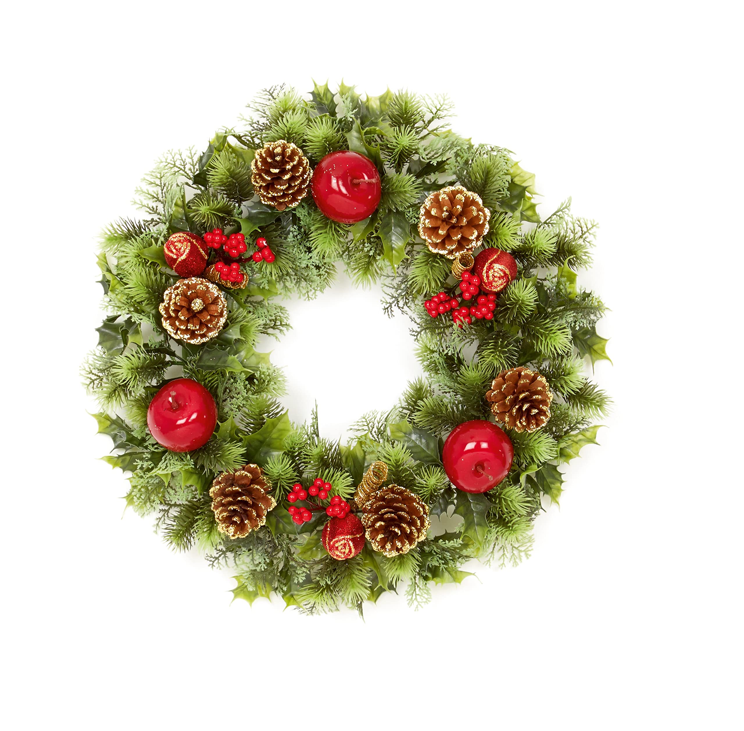 Premier Green,Red 45Cm Plastic Green Christmas Wreath With Decorative Glitter: Cones, Berries, Apples And Roses