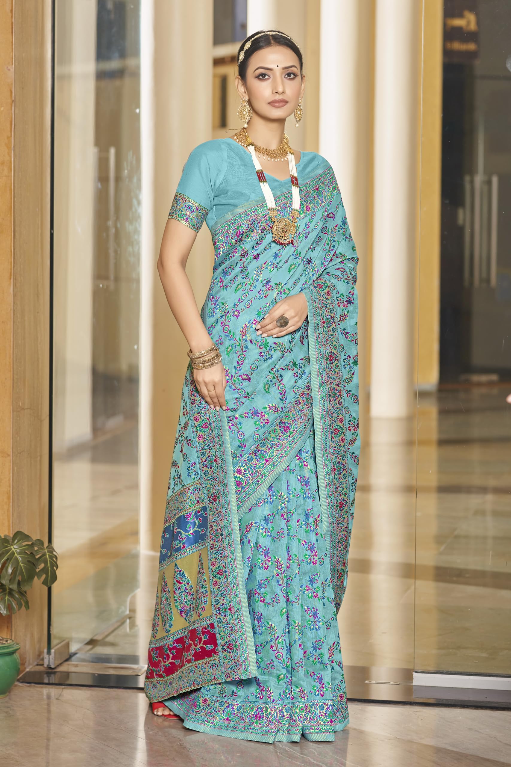 Glory Sarees Women's Kashmiri Cotton Woven Saree With Blouse Piece (Heritage_Silk111_Firozi) 3