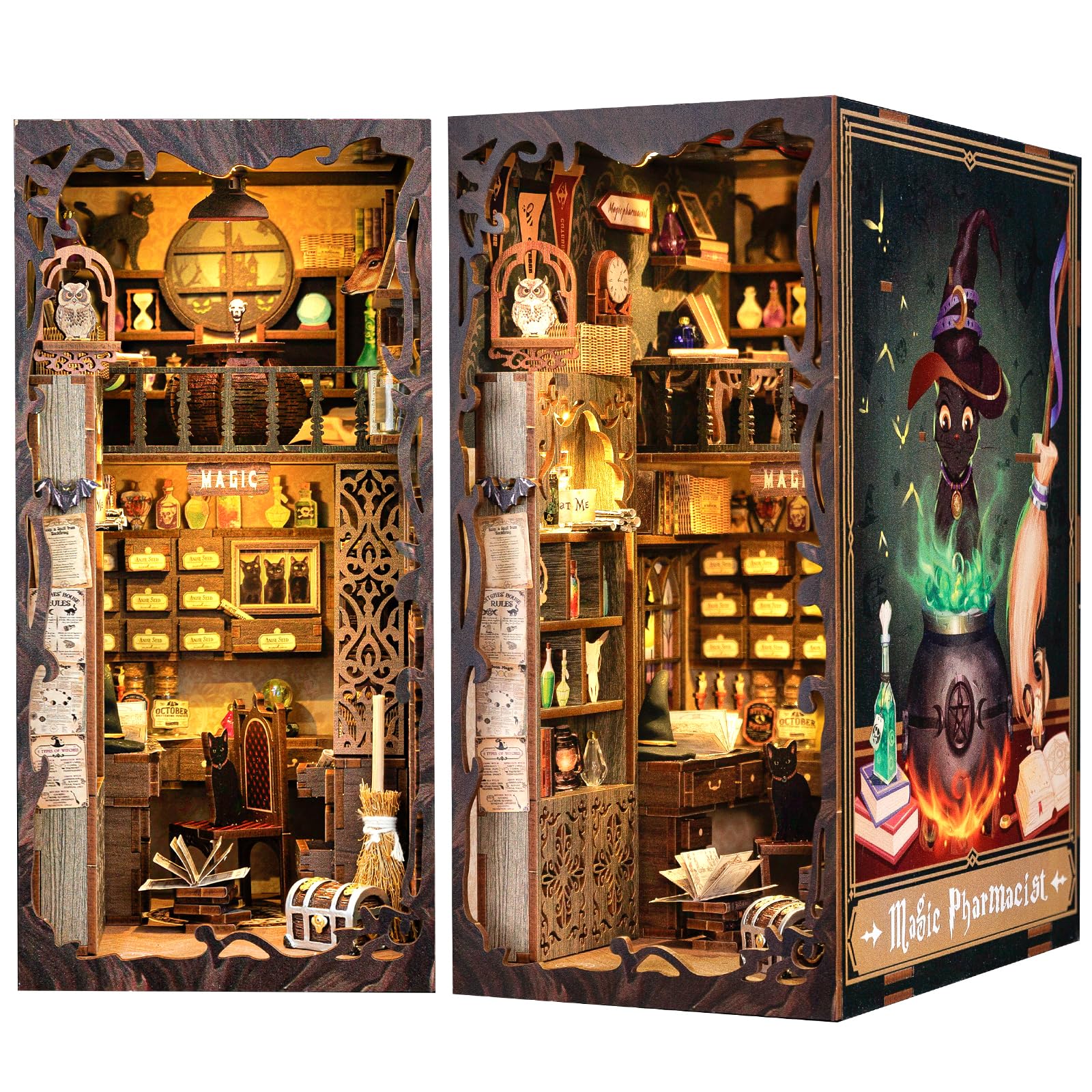 Fsolis DIY Book Nook,3D Madera Rompecabezas DIY Mini Kit de Casa de Muñecas,DIY Book Nook Kit de Construcción de Modelo de Esquina de Libro de Sujetalibros de Madera Regalo con luz LED