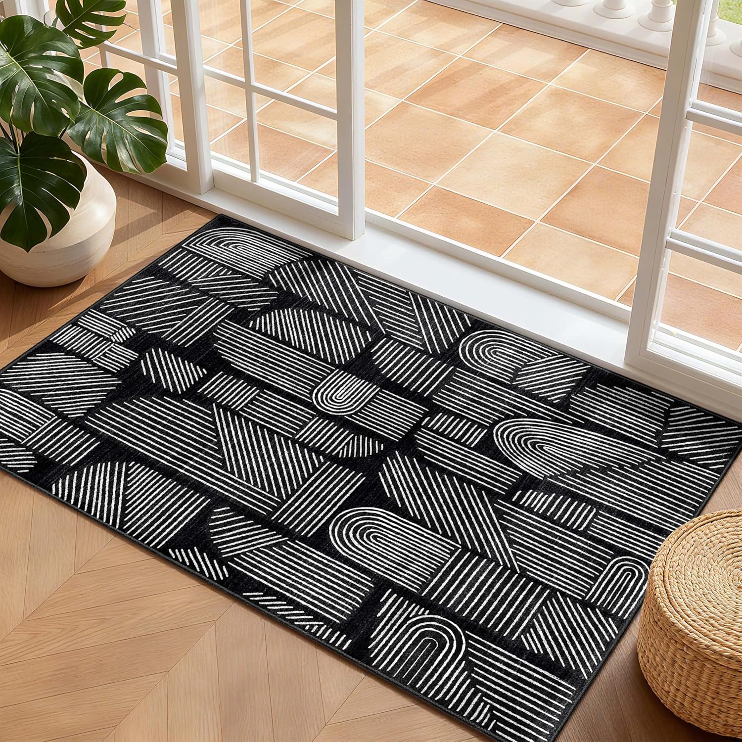 MUJOO 2x3 Washable Rug,Mid Century Modern Abstract Non Slip Low Pile Small Area Rug,Black and White Rug for Entryway Bathroom Kitchen Bedroom