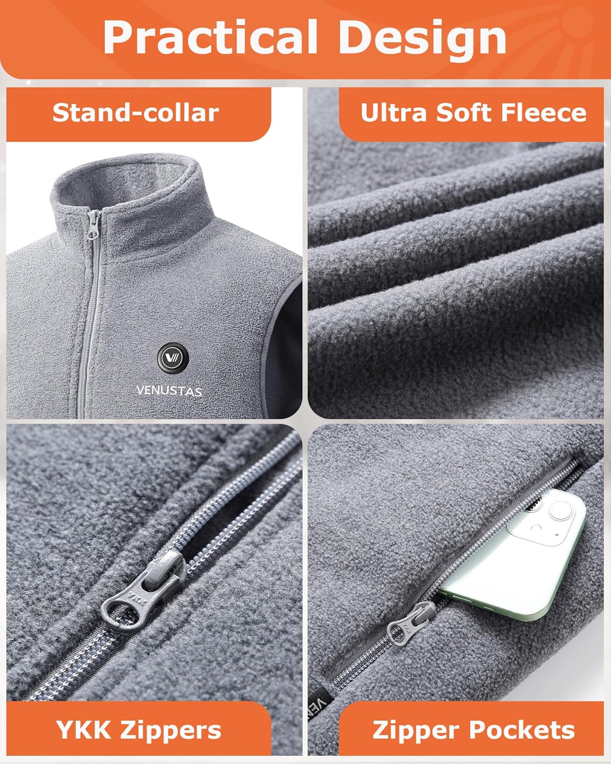 Venustas Fleece Heated Vest for Men (Grey, Medium) with 7.4V Battery Pack Included and One Extra Ultra-Compact 7.4v Battery