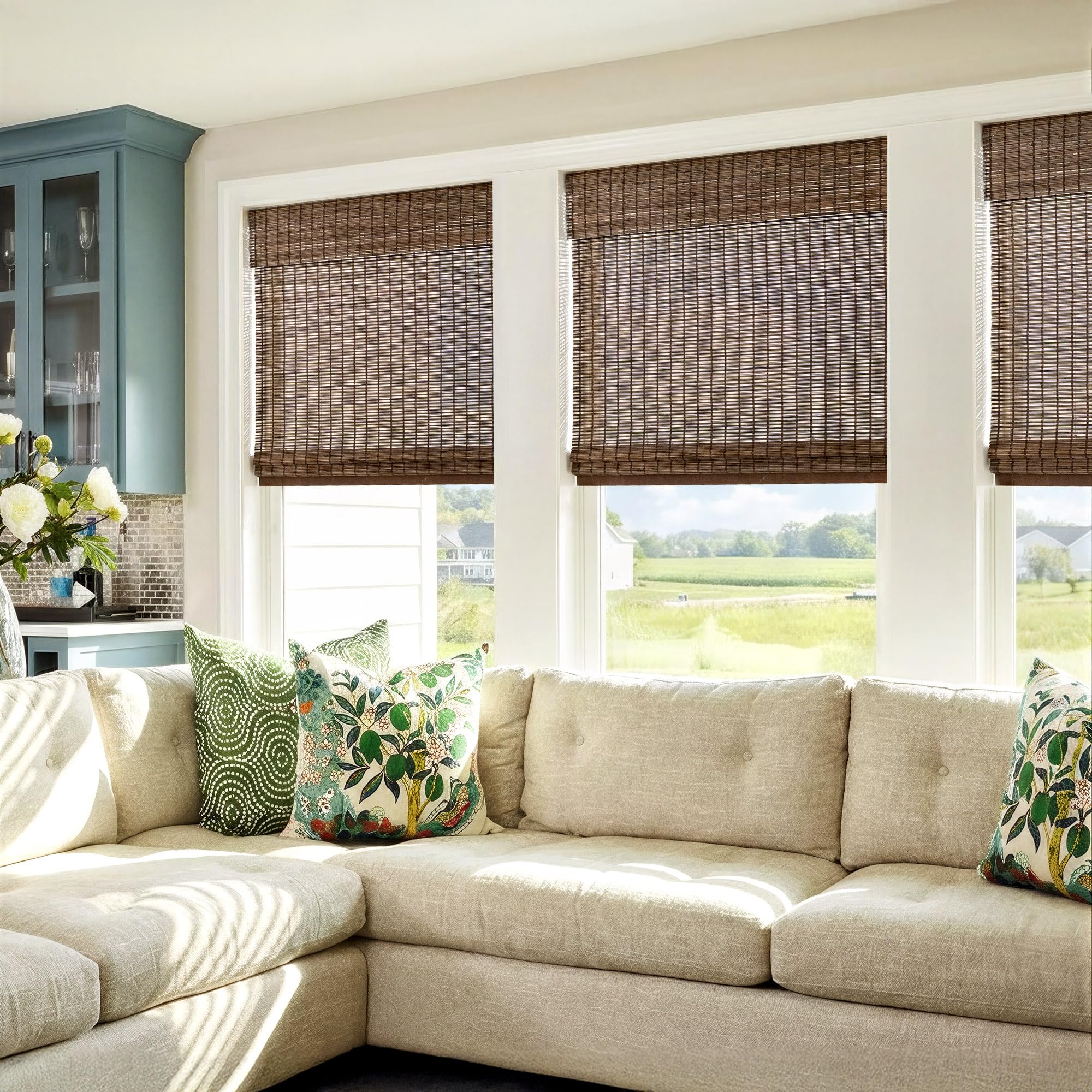 lazblinds no drill bamboo roman shades, 46" w x 48" h, malay walnut | cordless light filtering natural wood blind, privacy protection, room darkening bamboo blinds for windows