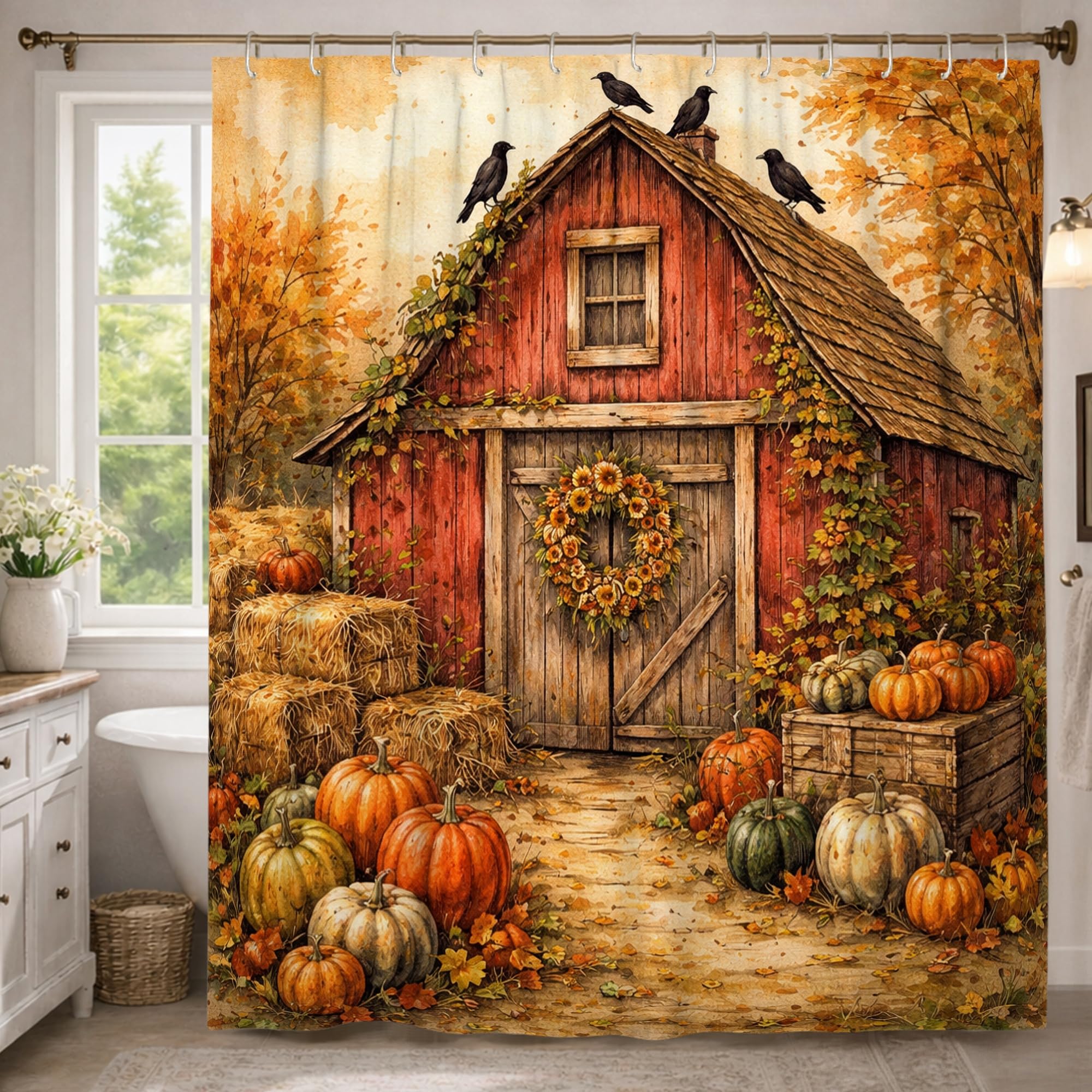 Rideau de douche extra long pour stopper l'eau au sol 183x243 cm polyester motif citrouilles