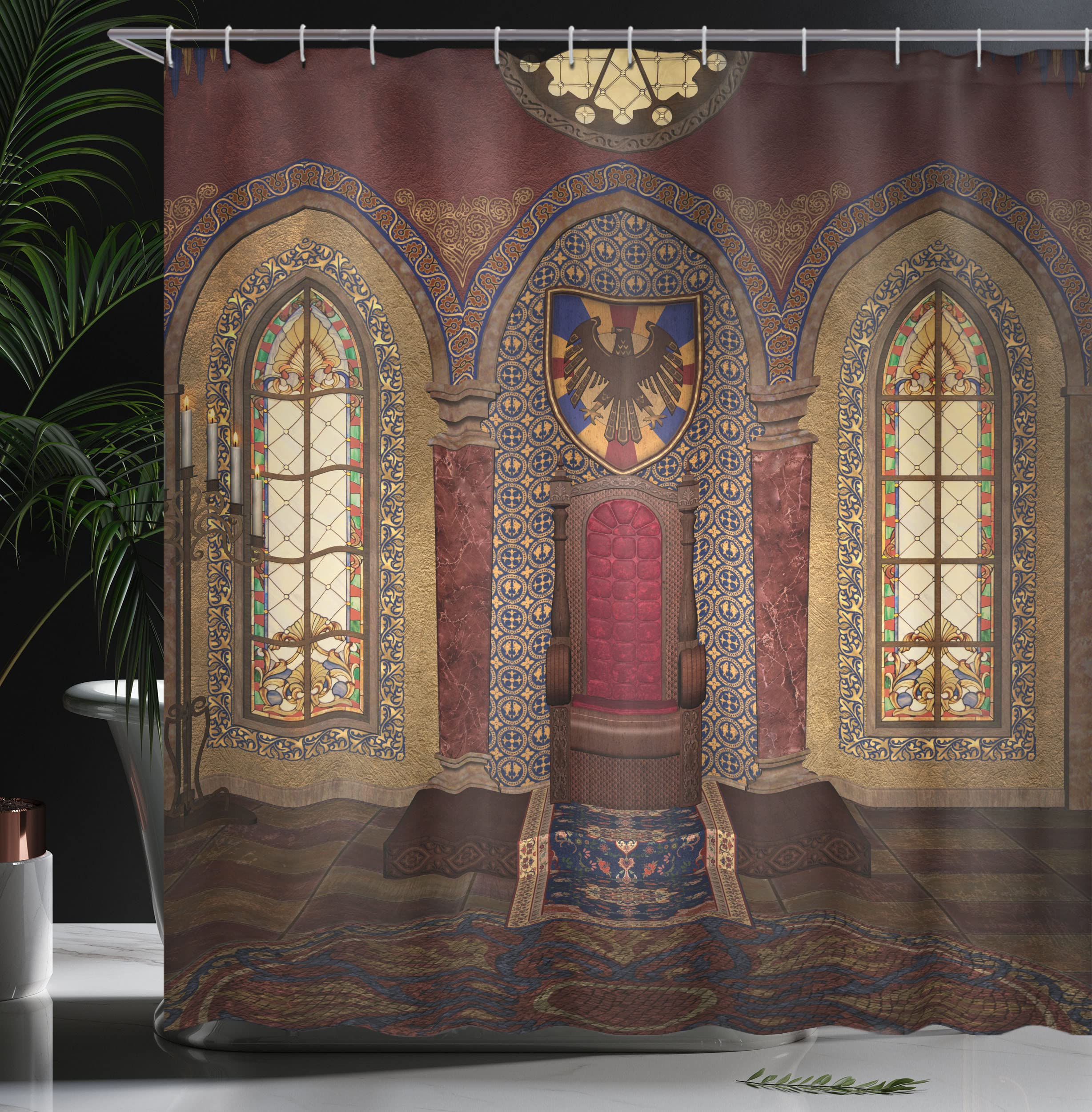 ABAKUHAUS Gothic Shower Curtain, Red Medieval in Chapel Eagle Portrait on Wall Fantasy Building Print - Image 3