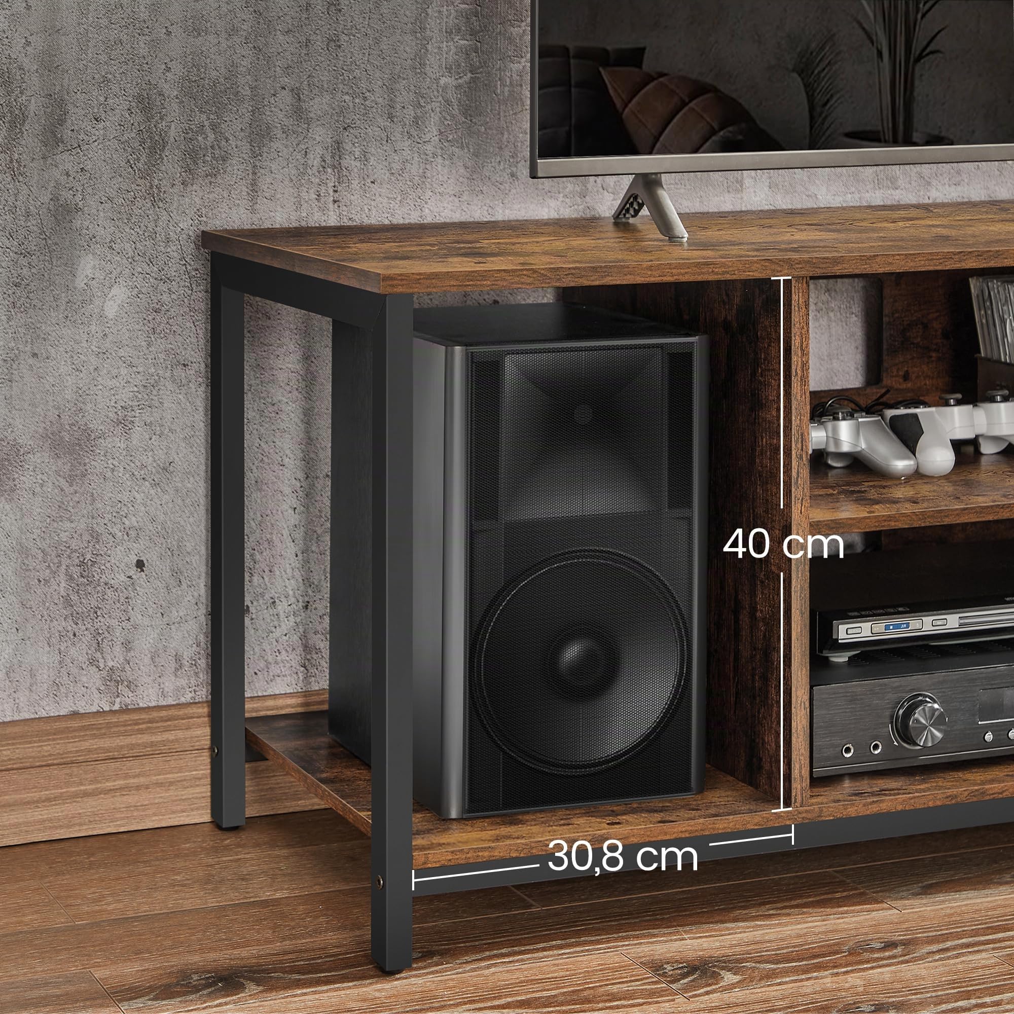 VASAGLE LTV060B01 Meuble TV pour TV Jusqu’à 152 cm (60"), avec étagères Ouvertes, Console TV pour Salon, Salle de Divertissement Marron Rustique/Noir