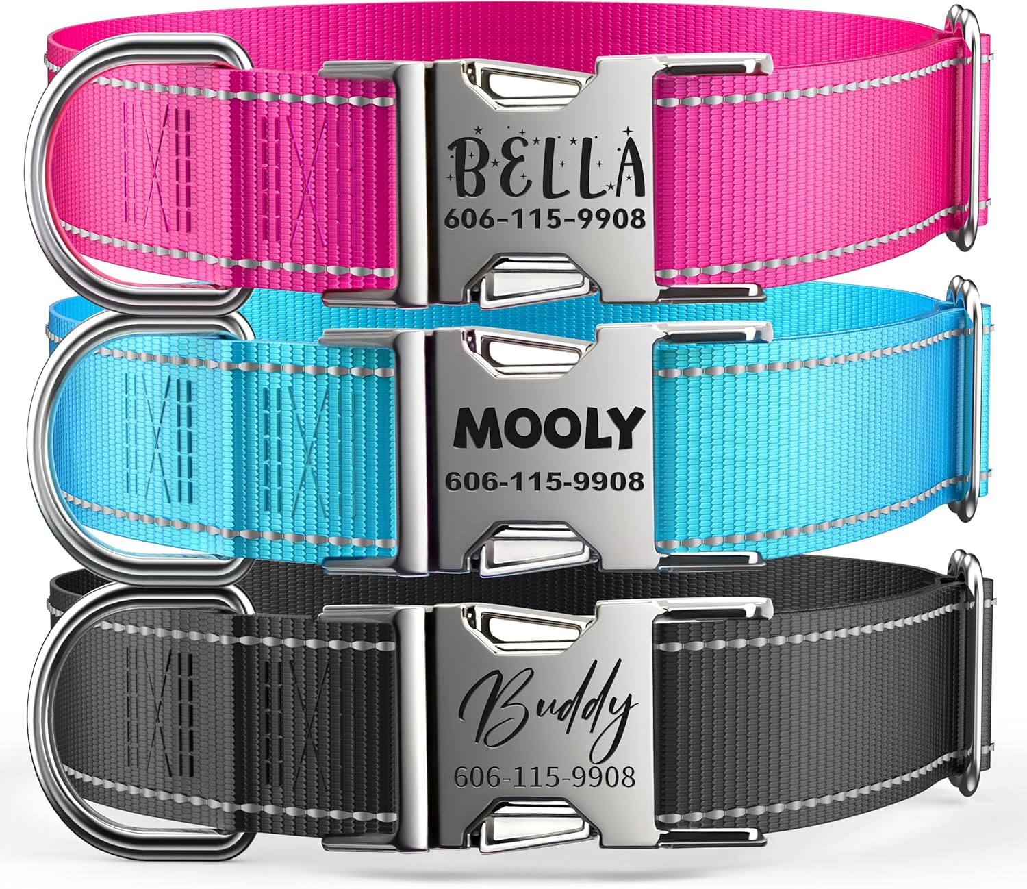 Personalized Reflective Dog Collar with Engraved ID Tag, Adjustable Nylon with Quick Release Metal Buckle