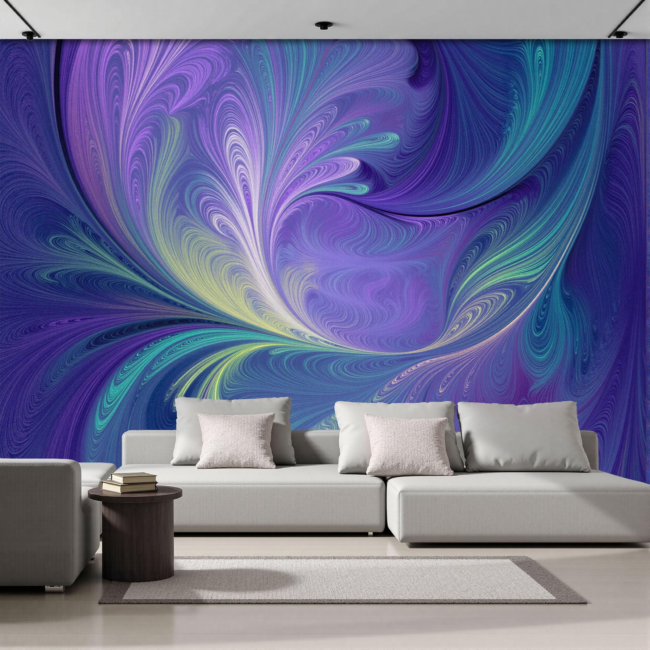 Papier peint panoramique plume 3D intissé violet géométrie marbre abstrait salon 300x210