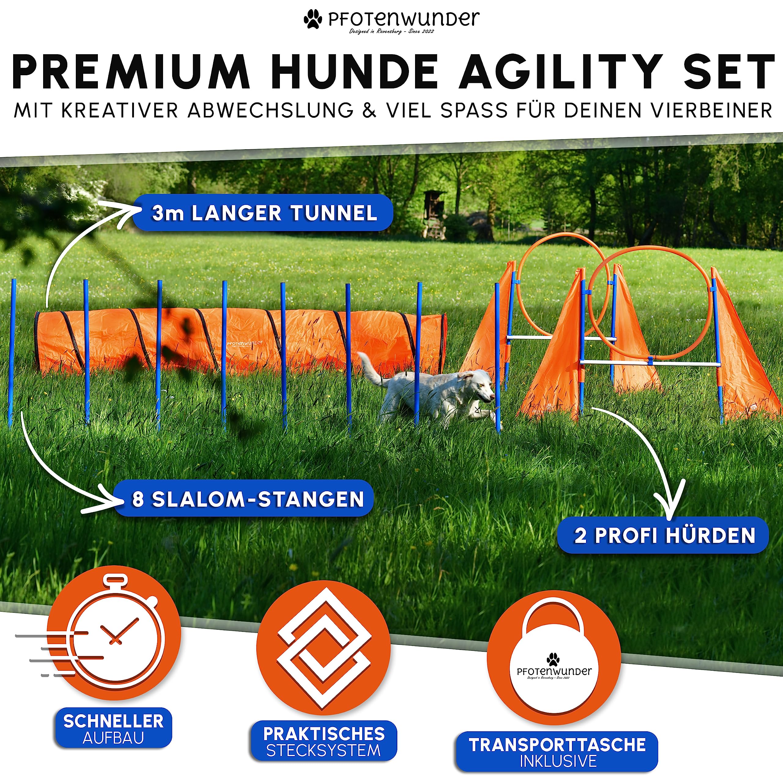 PfotenWunder® XXL-Profi-Agility Set Hunde Groß + 3 Meter-Tunnel + 21 Min. HUNDESCHULE -6 Slalomstangen, für kleine & große Hunde-Training Sport Cavaletti Parcour Steckhürdenset Zubehör Hürden