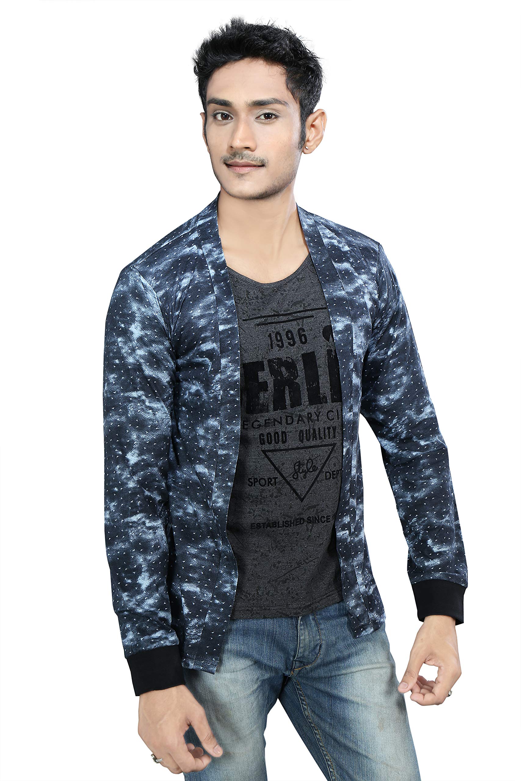 Men's Full Sleeve Cotton Grey Printed T-Shirt with Printed Jacket Shrug and Black Ribs Look Smart and Comfortable