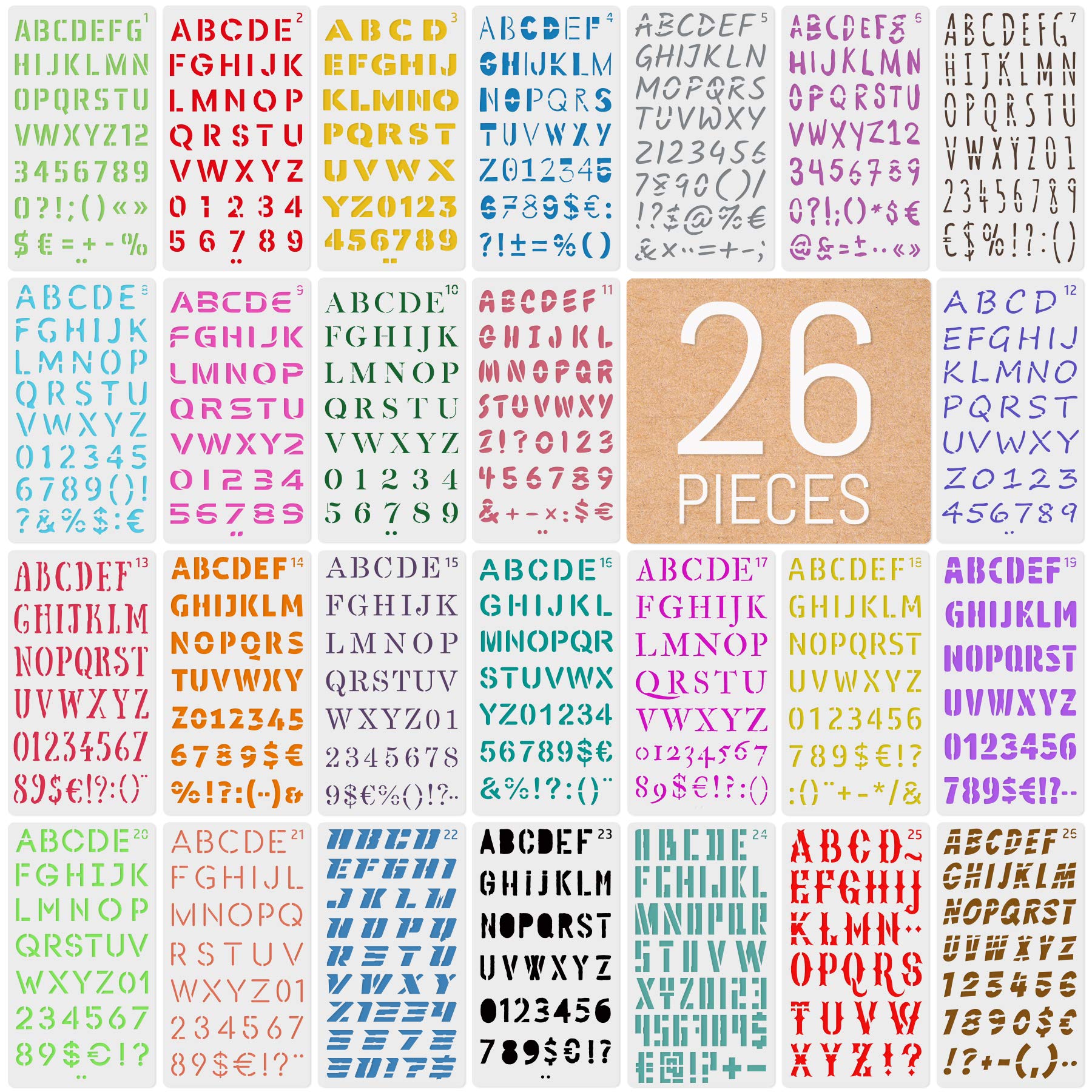 int!rend Juego de 26 plantillas de fuentes, letras y números, estilos: moderno, vintage, cómic y otros. Para Bullet Journal, álbum de recortes, bodas, bricolaje, pintura, dibujo y manualidades