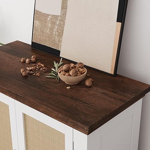 Miniatura 5 de Gabinete de buffet de ratán, aparador de cocina, armario de almacenamiento con 2 puertas de ratán y estante ajustable, armario de madera con estante