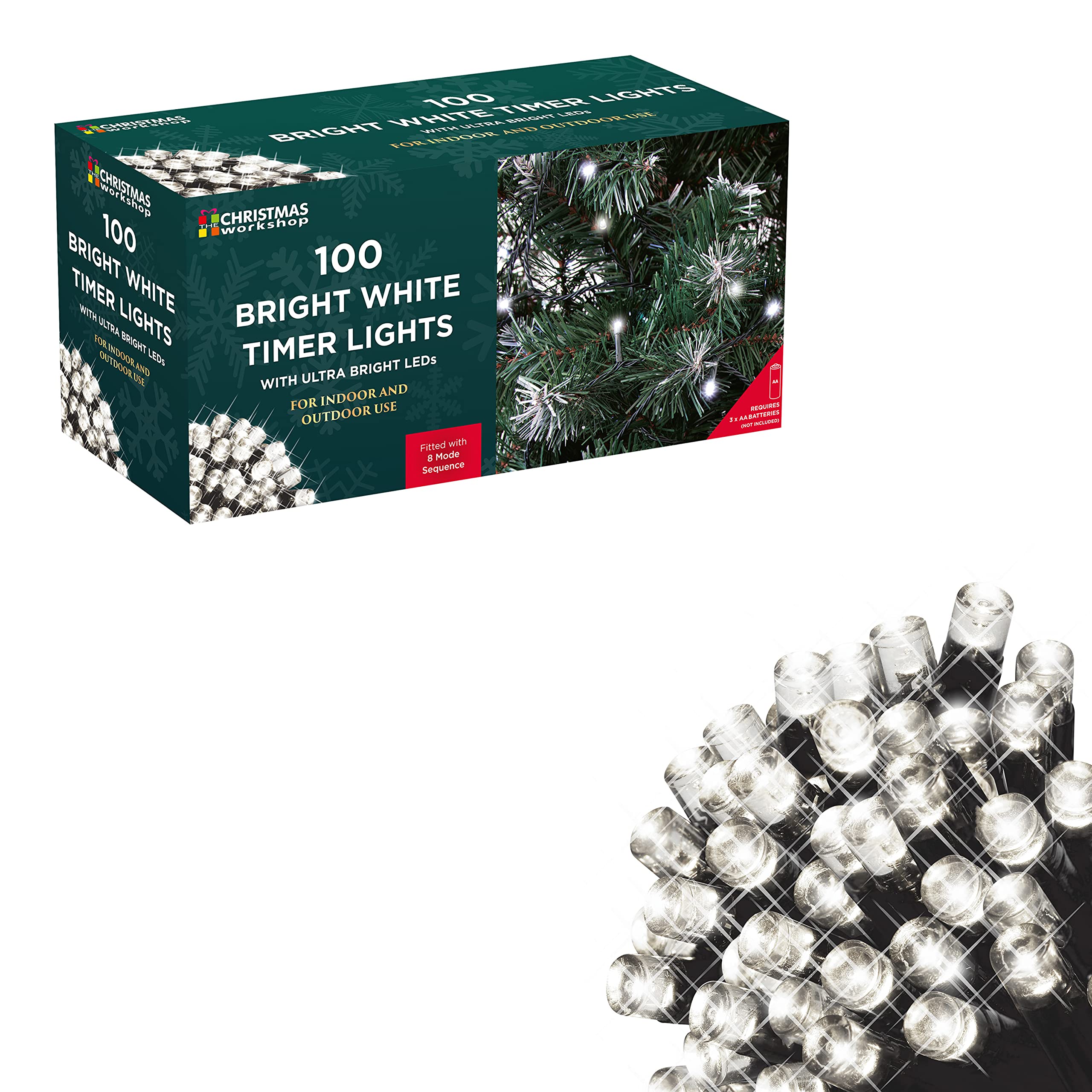The Christmas Workshop White Bright Timer Lights/Battery Operated With 8 Light Modes/Indoor Or Outdoor Home Decorations (100)