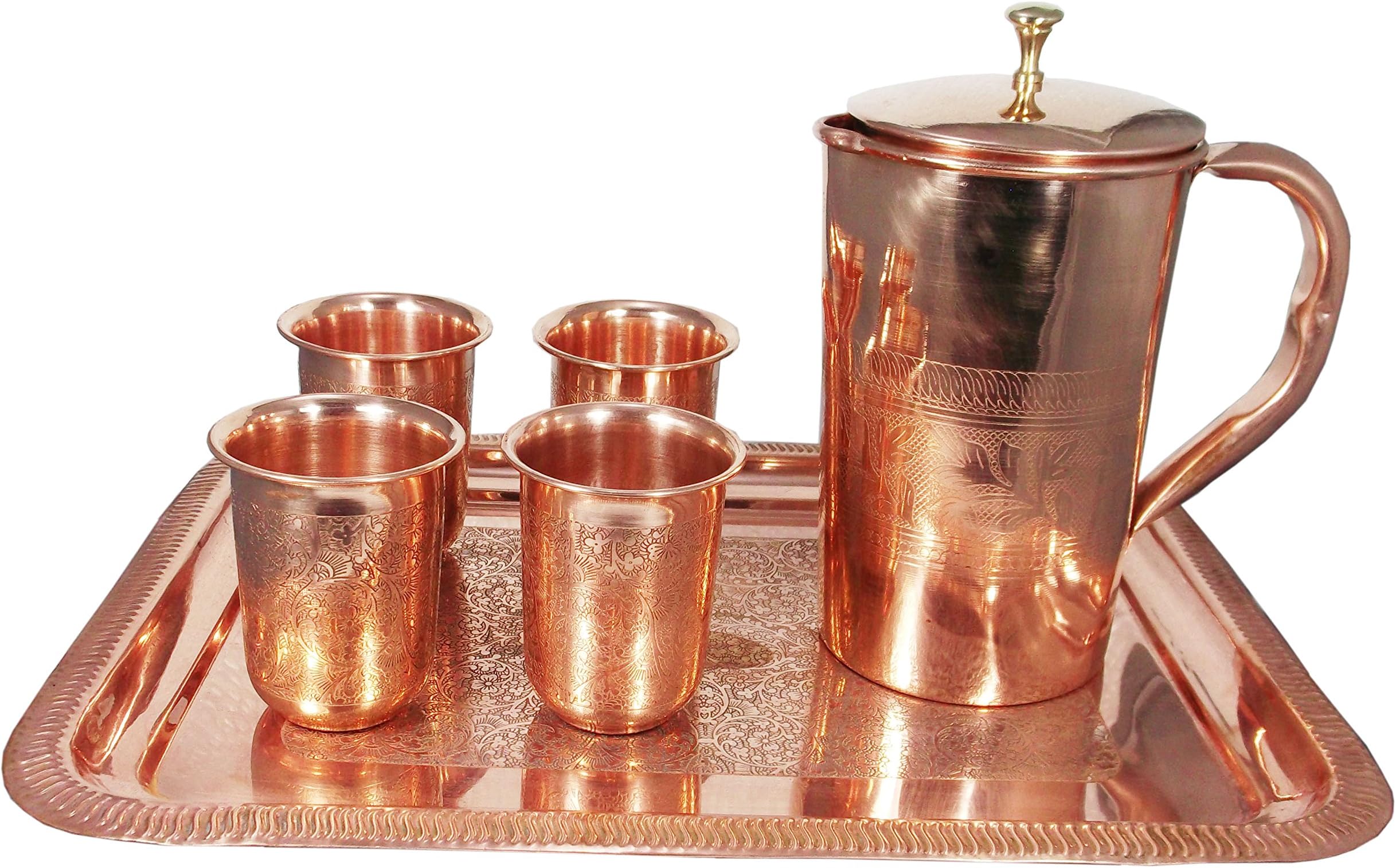 SHIV SHAKTI ARTS Handmade Pure Copper Drinkware Set of 4 Glasses 1 Jug and 1 Tray with Embssed Design