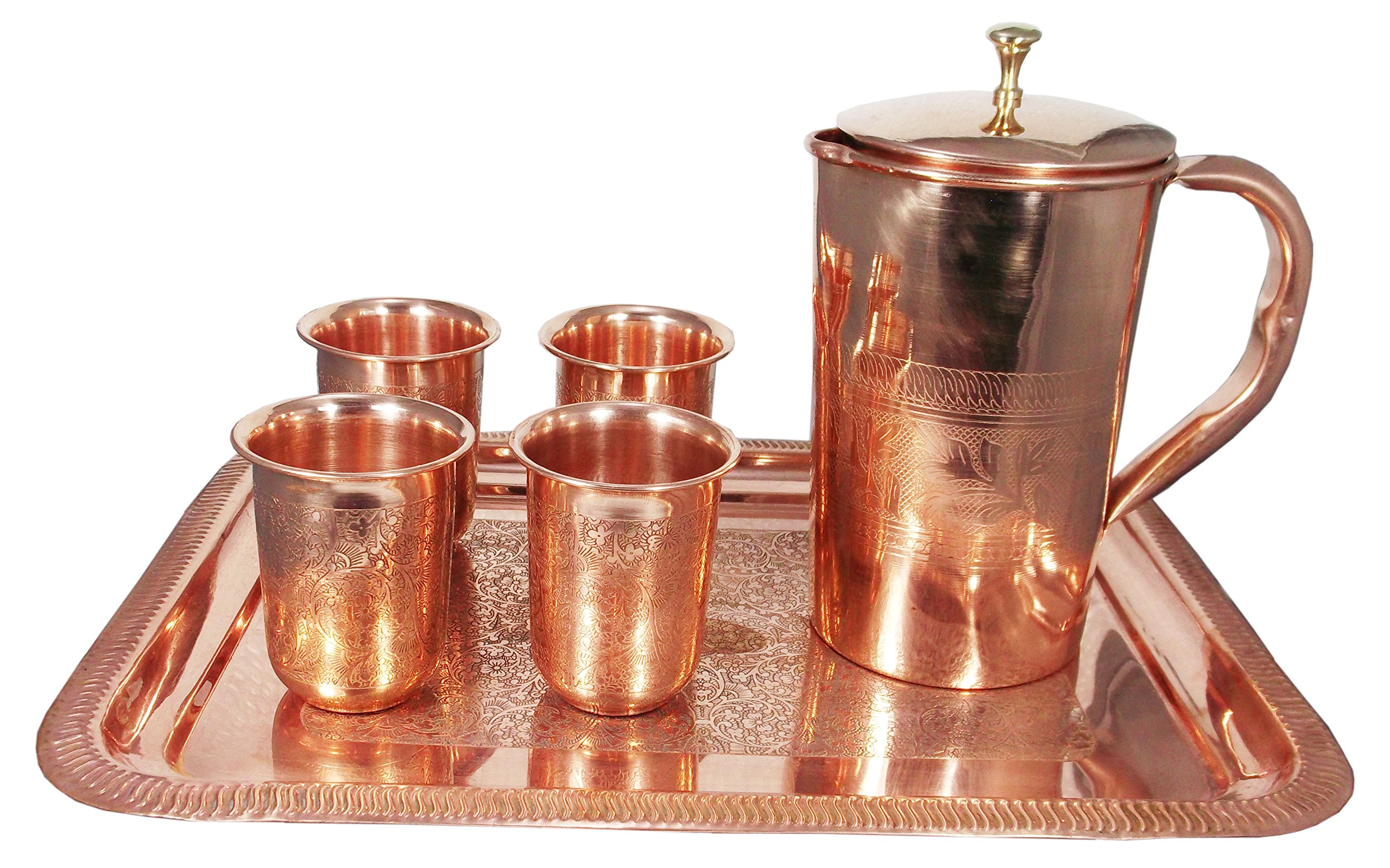 SHIV SHAKTI ARTS Handmade Pure Copper Drinkware Set of 4 Glasses 1 Jug and 1 Tray with Embssed Design