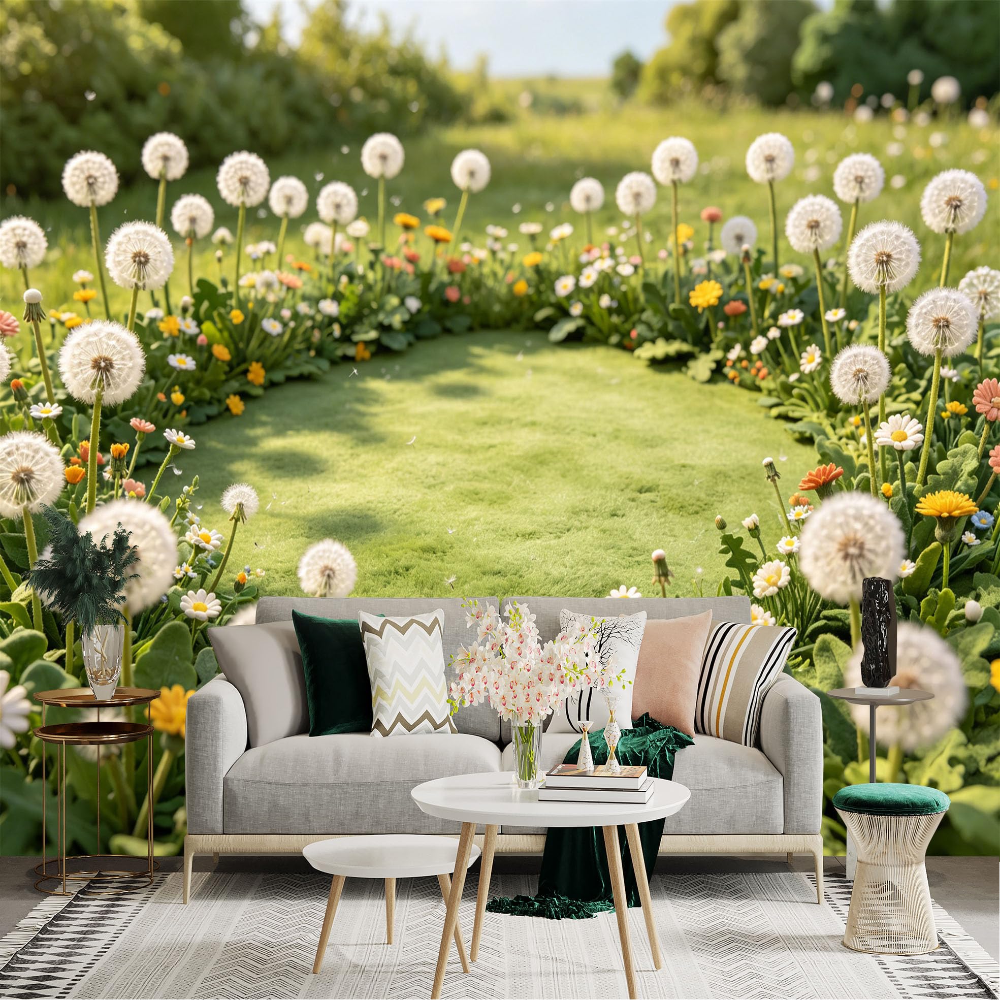 Lnzczhyre Dbh260521626 Custom Size Wall Sticker Mural， Spring Meadow With Dandelion Fluff And Wildflowers， Scenic Nature Landscape， For Wall Decoration， Peelandstick Wall Decals.