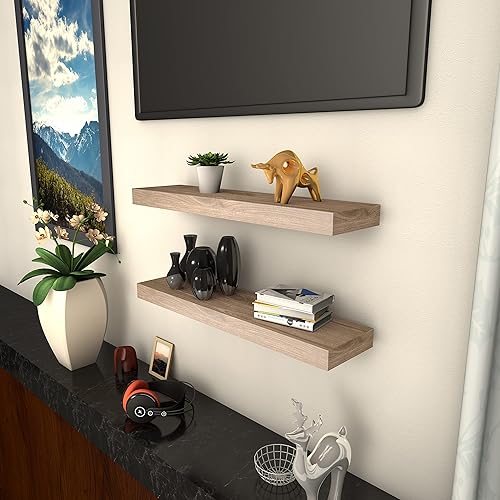 Miniatura 2 de Juego de 2 estantes flotantes de madera, madera natural rústica de 36 pulgadas, estantes de almacenamiento rústicos montados en la pared para