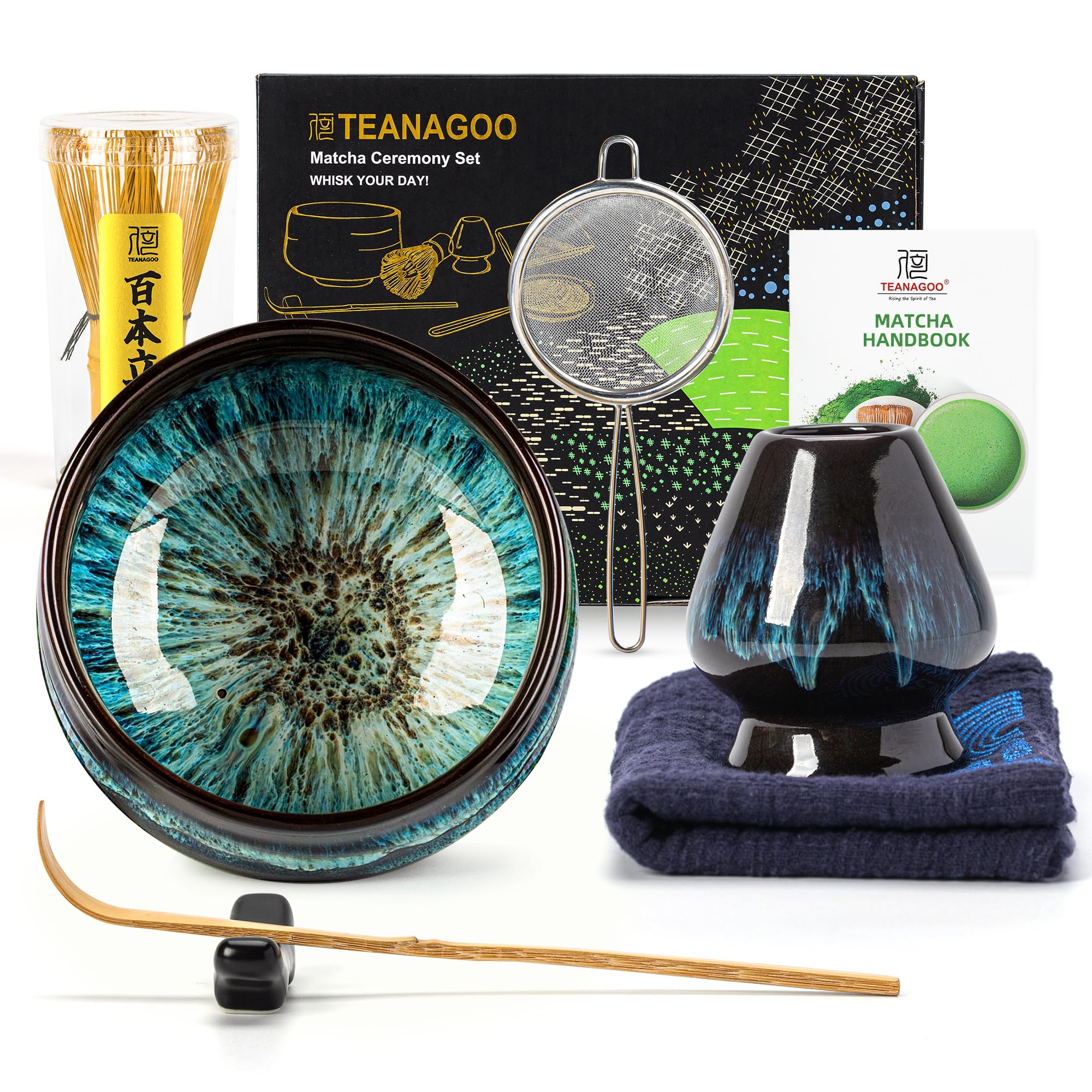 TEANAGOO Japanese Matcha Tea Set - Bowl, Bamboo Whisk, Scoop, Sifter, Whisk Holder, Stand - Green Tea Powder Kit