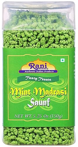 Rani Mint Madrasi Saunf de 5.25 onzas (5.29 oz) sellado al vacío, parte superior fácil de abrir, recipiente resellable  Indian Tasty Treats  Vegano
