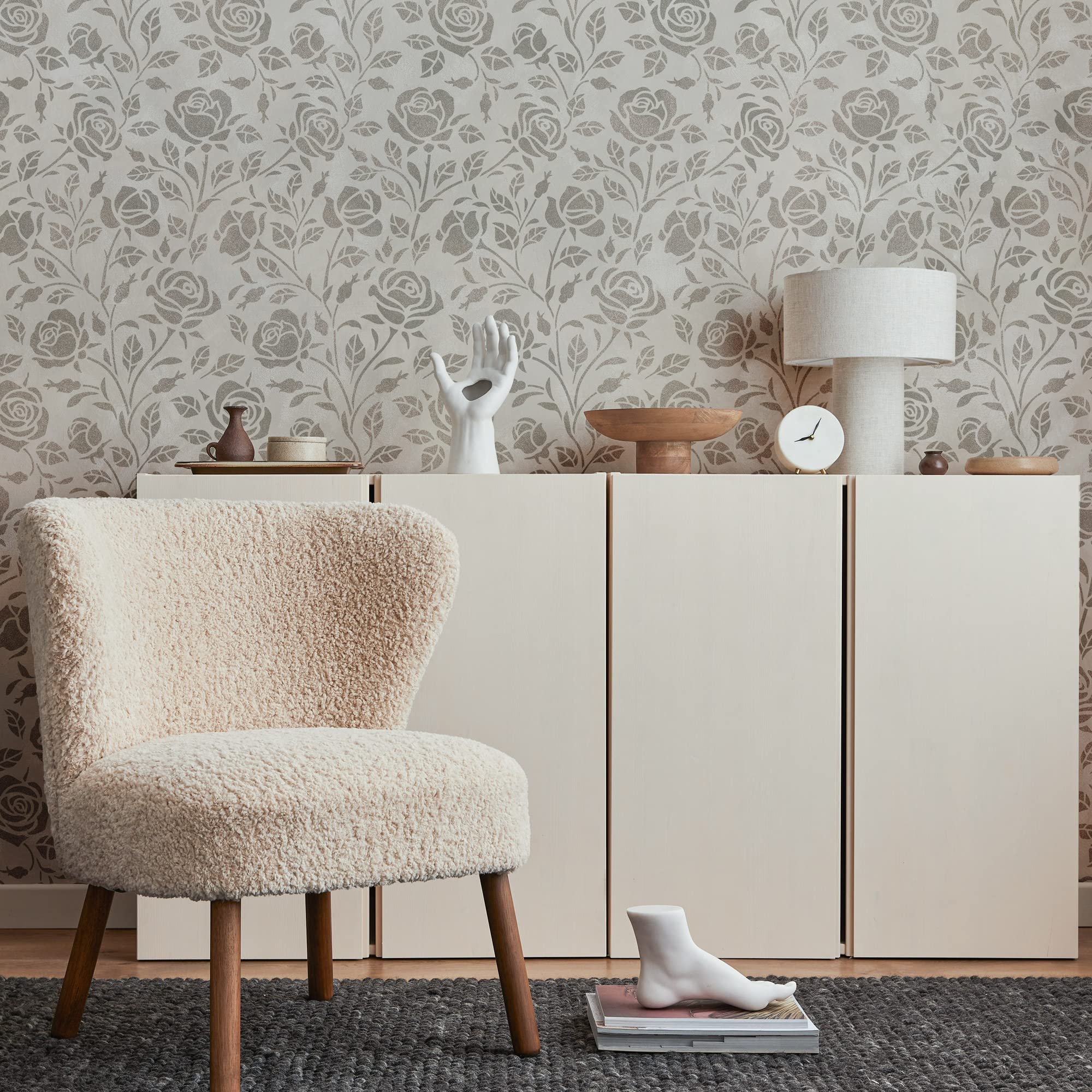 NAKLEO Stencil per Pittura Grandi Dimensioni 59x95cm, Dorato Rosa Fiore Geometrico Modello per Pareti, Plastica e Riutilizzabile Fai Da Te Carta da Parati Decorazioni Casa, Muro Legno Mobili