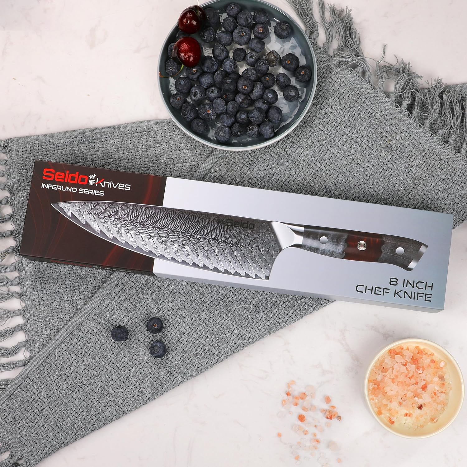 Seido Knives 8" Inferuno Gyuto AUS10 Damascus Chef Knife - Premium High-Carbon Stainless Steel Blade with Exquisite Damascus Pattern, Ergonomic Maple Wood Handle for Precision Cooking