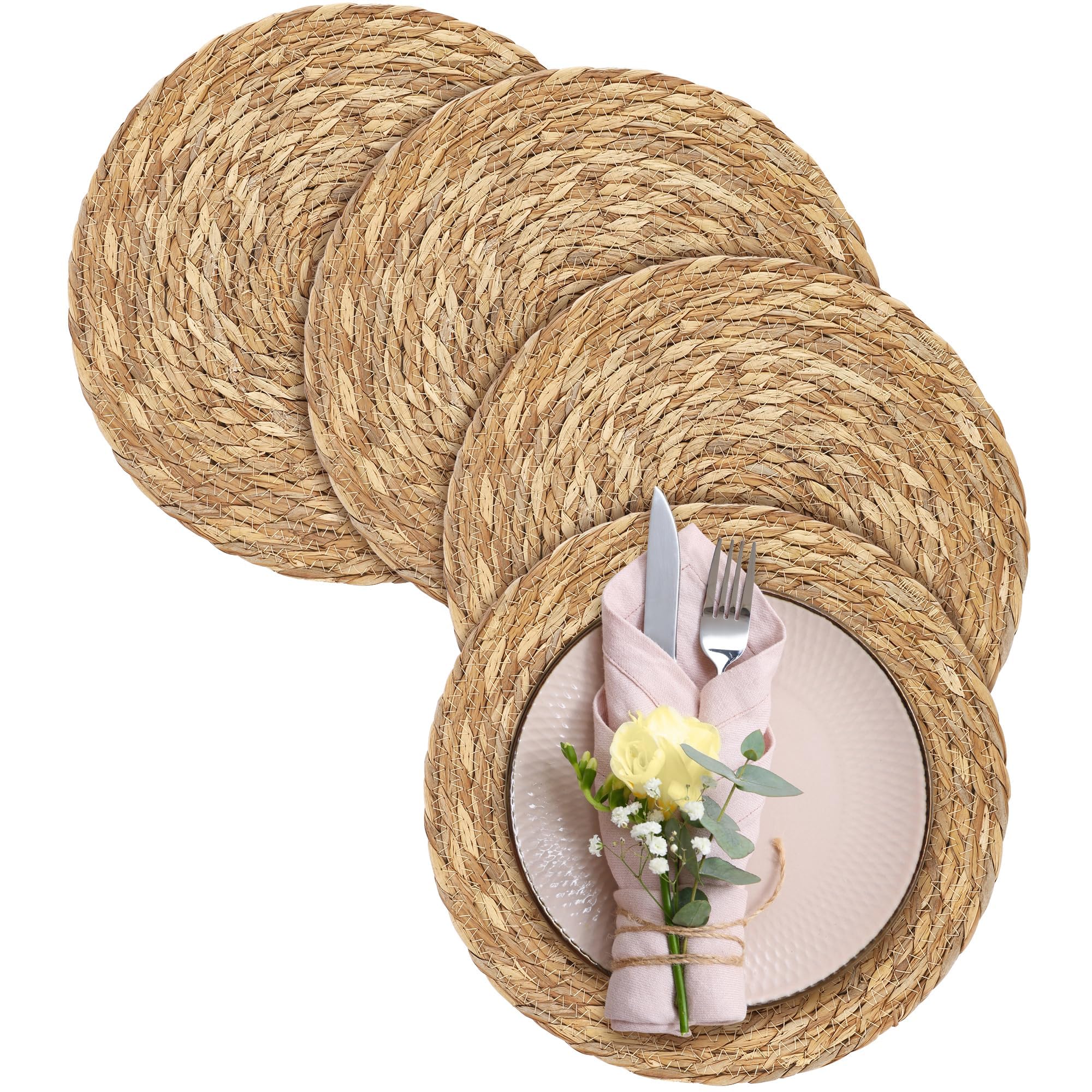 Photo 1 of ***STOCK PHOTO FOR REFERENCE***Aneco 4 Pack 12-Inch Round Woven Placemats Natural Hand-Woven Boho Rattan Wicker Bulrush Placemat Farmhouse Rustic Braided Table Mats for Dining & Kitchen Decor