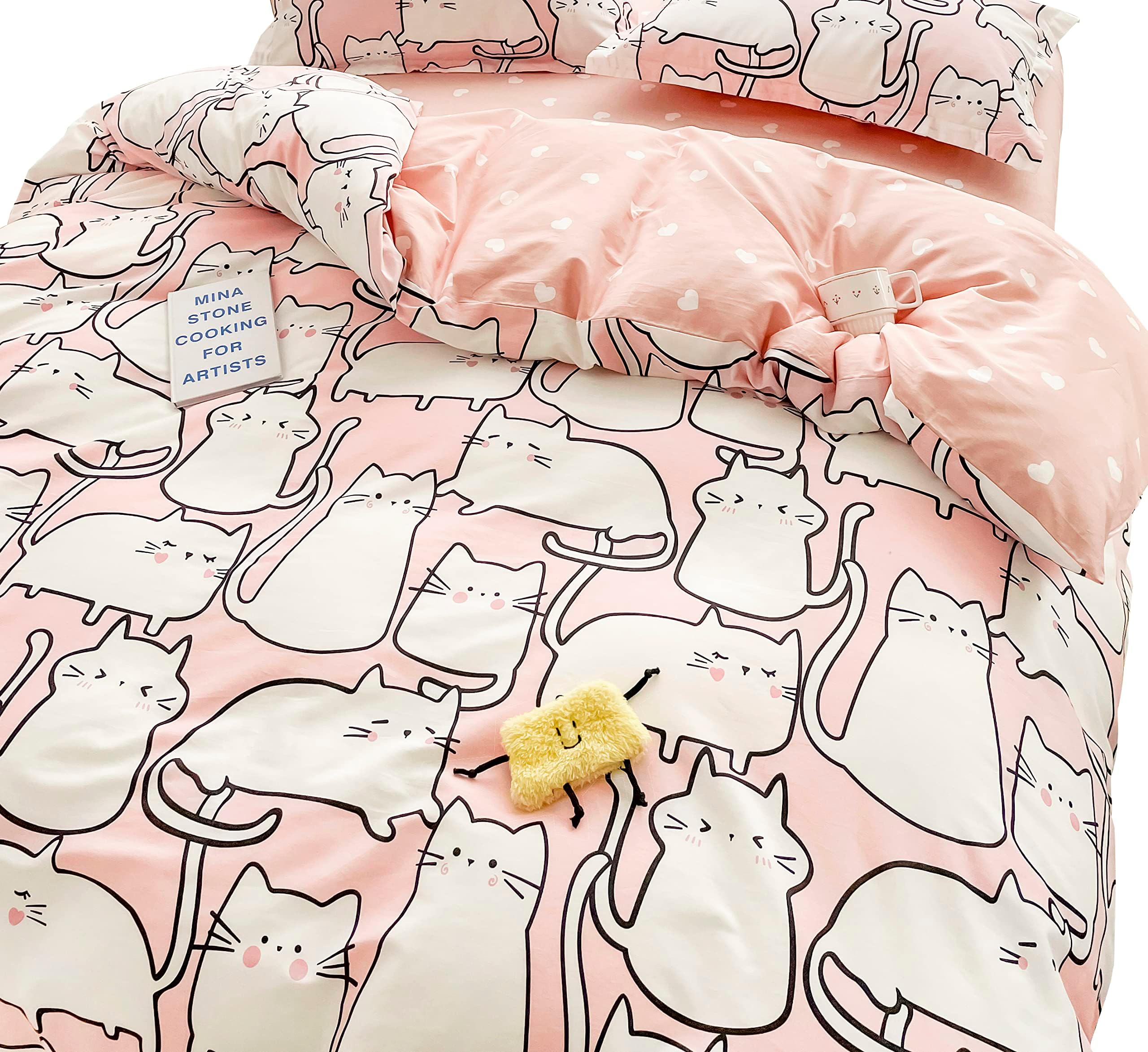MEJU Cute Kitty Cats Pink Cartoon Duvet Cover Set 100% Cotton Bedding Set with Zipper Closure Reversible 3pcs Comforter Cover Set for Kids Boys Girls Teens Bed Decoration Gift Full Queen 90" X 90"