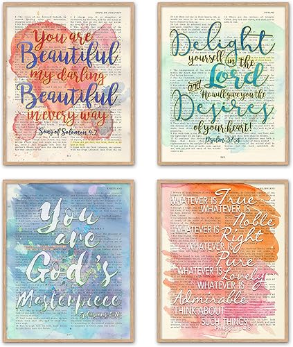 Set of 4-5x7's, Watercolor Set Art Prints, Song of Solomon 47, Philippians 48, Psalm 374, Ephesians 210, Unframed, Vintage Bible Page Verse Set Wall
