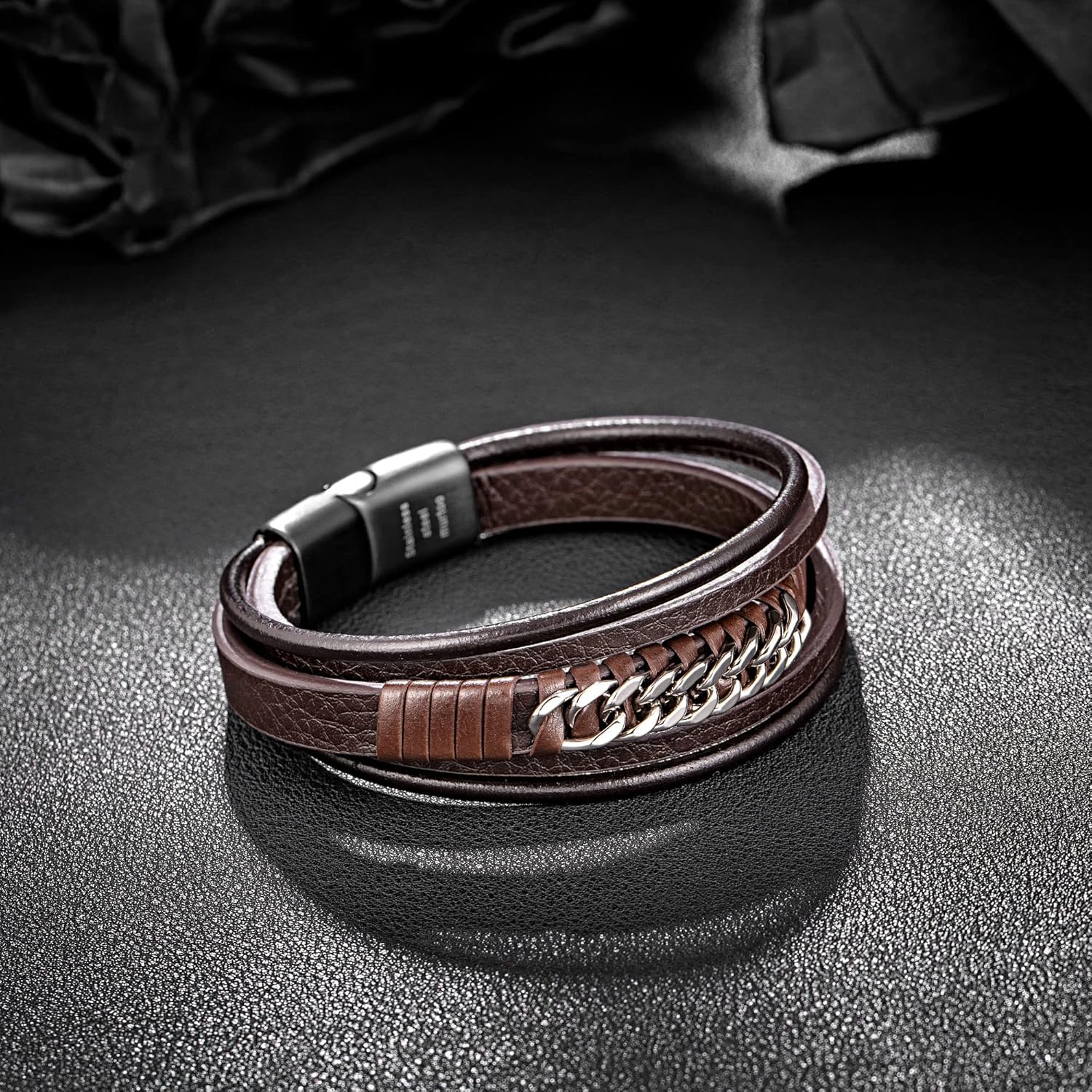 murtoo Mens Bracelet Leather with Steel Chain, 'Chain of Freedom' Brown and Black Leather Bracelet with Adjustable Clasp for Men Gift