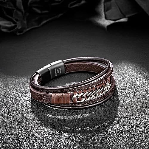 Miniatura 3 de murtoo Pulsera de cuero para hombre con cadena de acero, cadena de libertad, pulsera de cuero marrón y negro con cierre ajustable para regalo