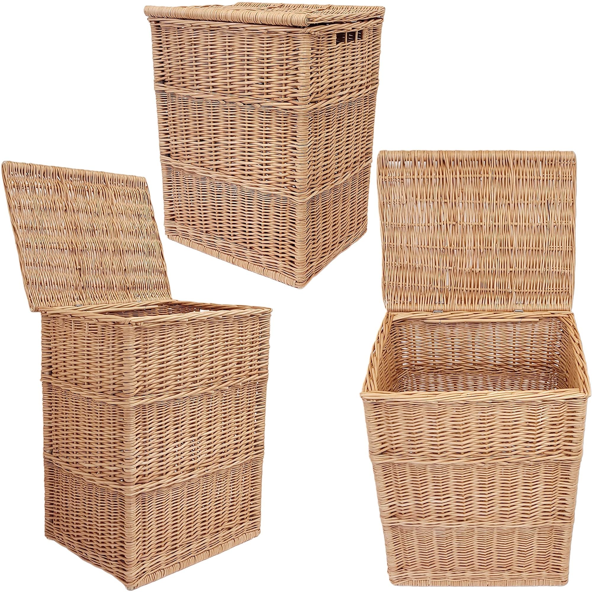 Panier en osier naturel weeco pour linge, vêtements ou jouets, couvercle rabattable et deux poignées de transport. Grand coffre en osier naturel pour vêtements, oreillers et jouets
