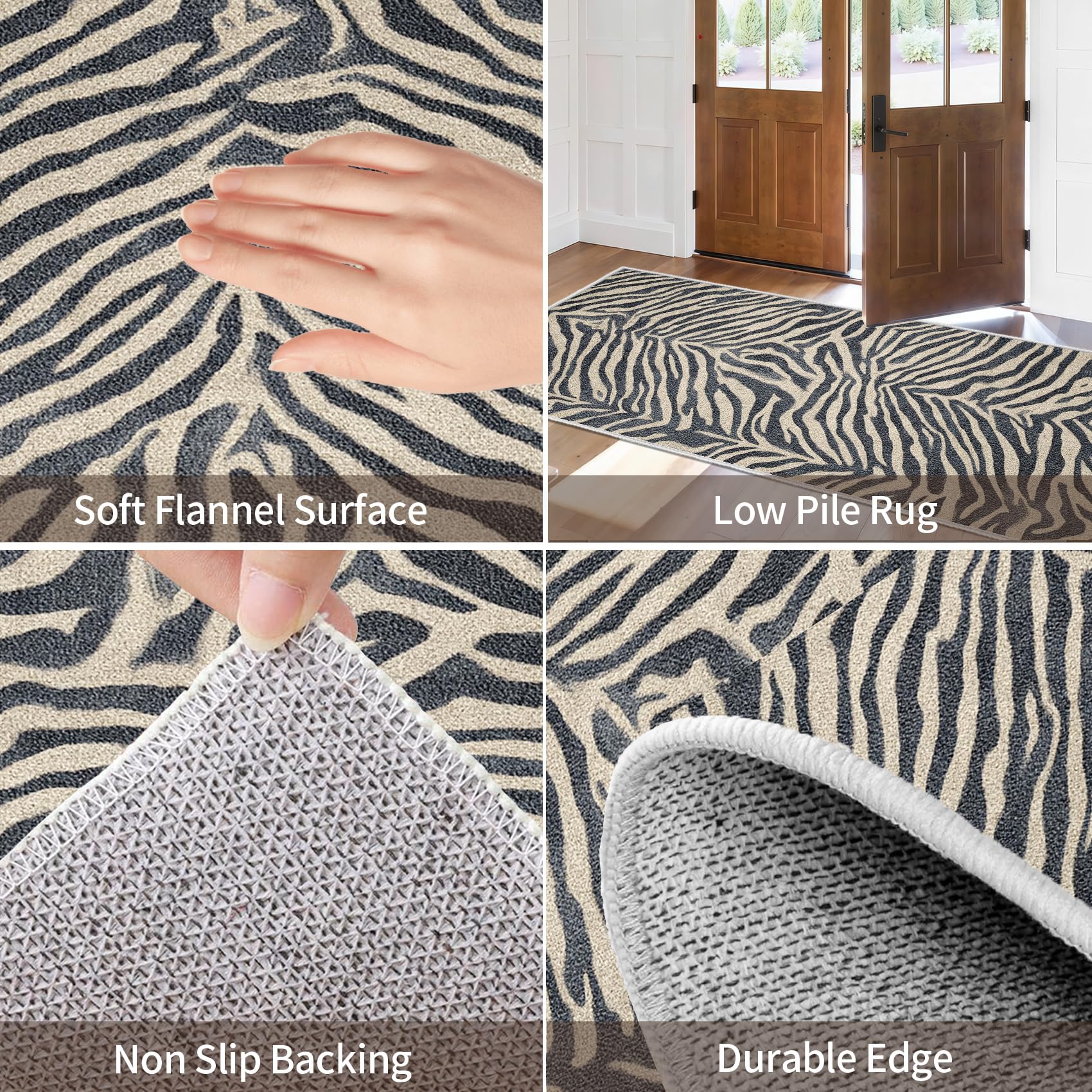 Tapis de Couloir 80 x 300 cm Zèbre Tapis Couloir Motif Animalier Rétro Passage Lavable en Machine Antidérapant Long Carpet Entrée Cuisine Chambre Salon Doux Poil Ras Rug