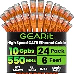 GearIT 24-Pack, Cat 6 Ethernet Cable Cat6 Snagless Patch 1 Foot - Snagless RJ45 Computer LAN Network Cord, Blue - Compatible with 24 48 Port Switch POE Rackmount 24port Gigabit | High Speed 24AWG 10Gbps RJ45 Snagless Gold-Plated, Ethernet Cable for R