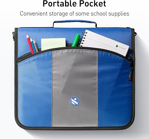 Miniatura 9 de Carpeta con cremallera de anillos redondos de 3 pulgadas, diseñada con archivos y asas expandibles, correa para el hombro incluida, color negro