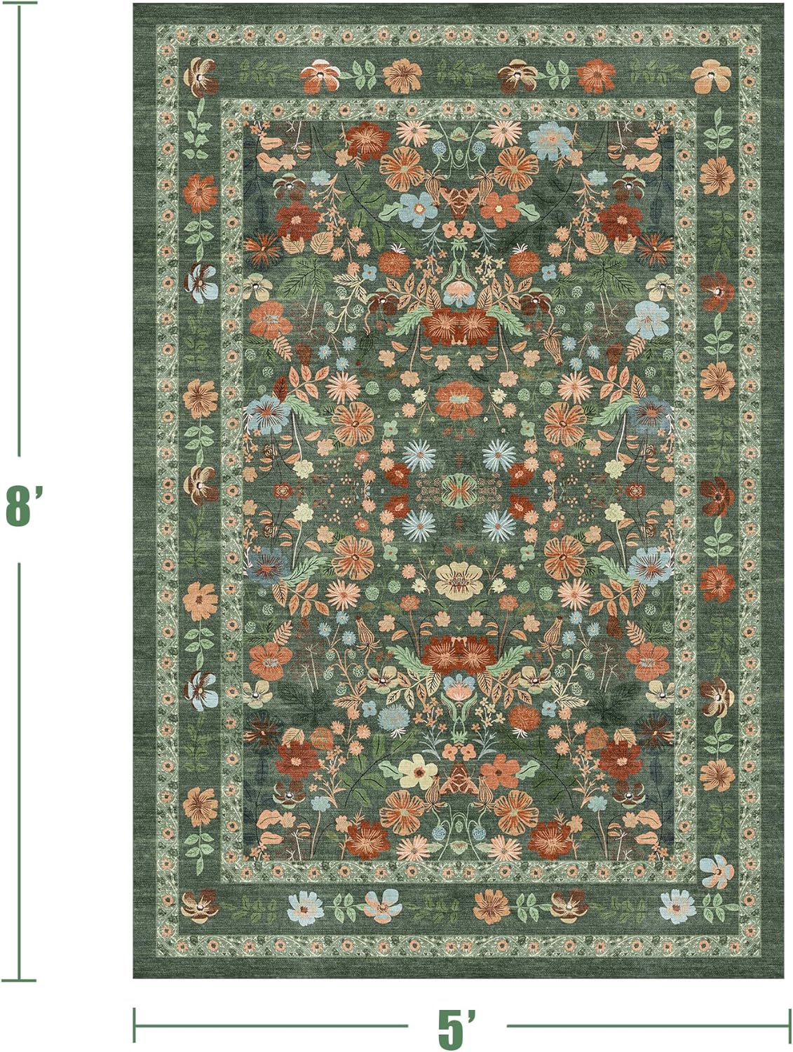 Deerly Green Floral Rug 5x8 Vintage Boho Washable Non-Slip Living Room Carpet Soft Low Pile Thin Bedroom Floor Mat Indoor Home Decor for Dining Room Playroom Nursery Farmhouse, Green/Multi - Image 2