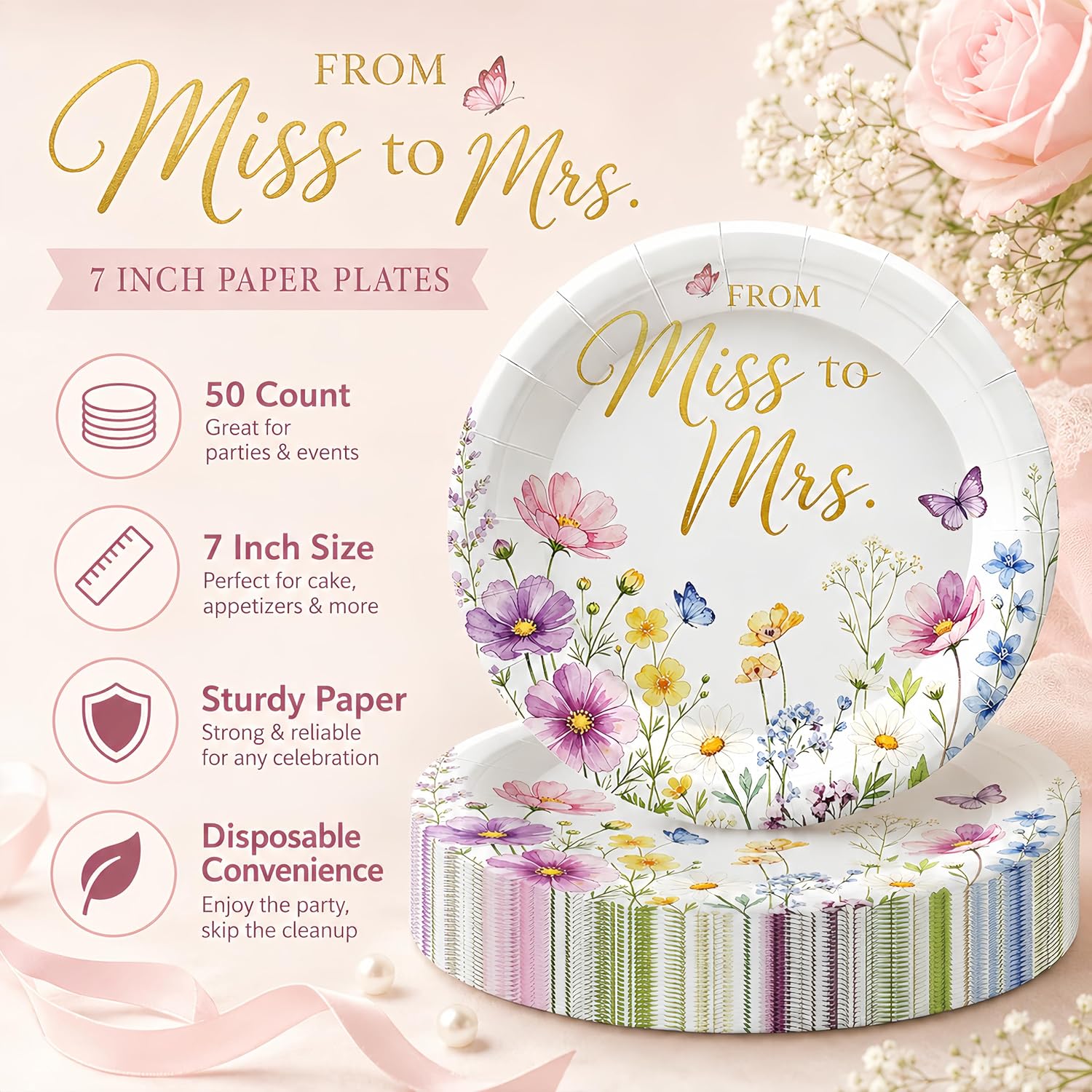 50 Pack Miss to Mrs Paper Plates 7 Inch, Floral Bridal Shower Decorations Disposable Wildflower Decorative Dessert Plates Tableware Set for Bridal Shower Wedding Shower Party Supplies (Miss to Mrs) image 2
