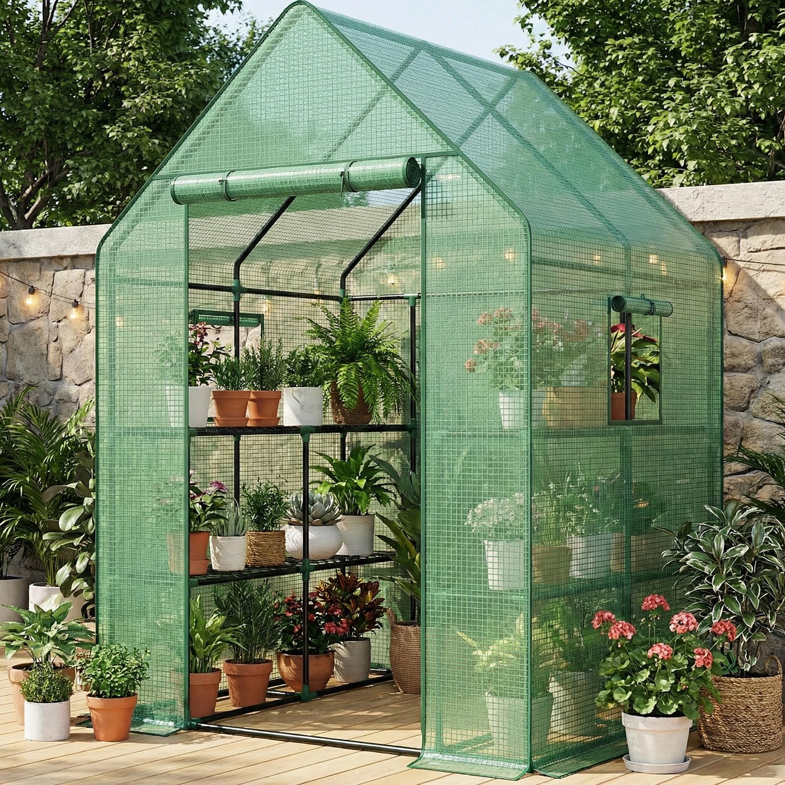 Bamworld Greenhouse for Outdoor with Screen Windows 145x145x195cm 3 Tier Walk-in Greenhouses with PE Cover Garden and Backyards Portable Rack with Sturdy Iron Frame Winter-Proof for Plant Protection